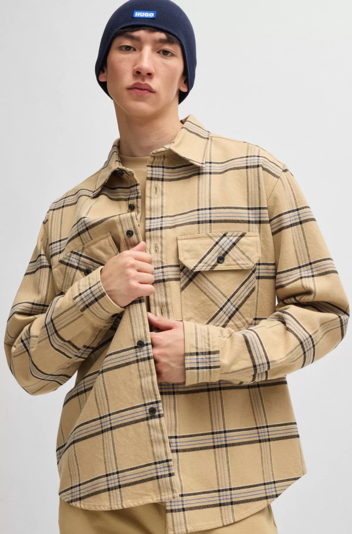 HUGO BOSS Skjorte Med Oversize Fit I Glen-ternet Bomuldstwill Beige Clearance