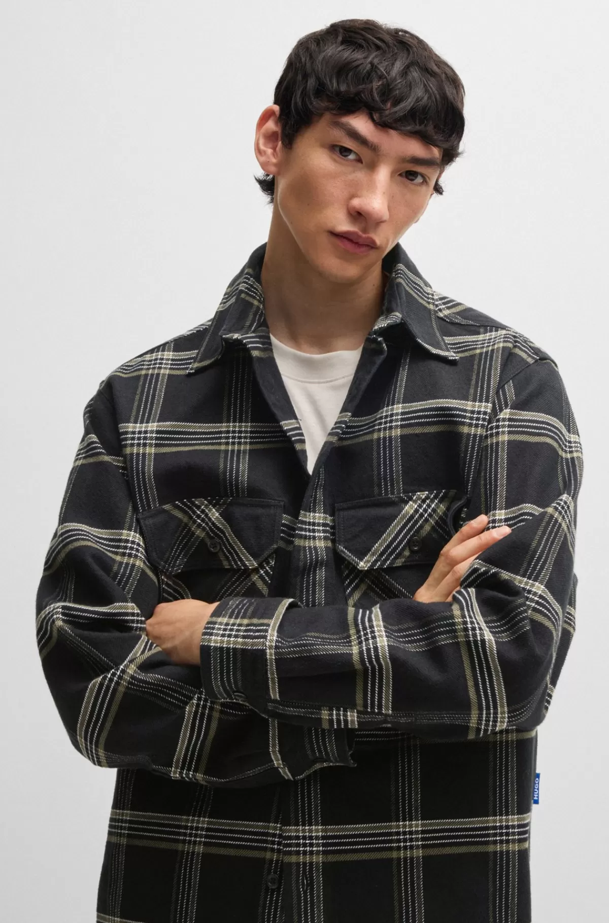 HUGO BOSS Skjorte Med Oversize Fit I Glen-ternet Bomuldstwill Sort Outlet