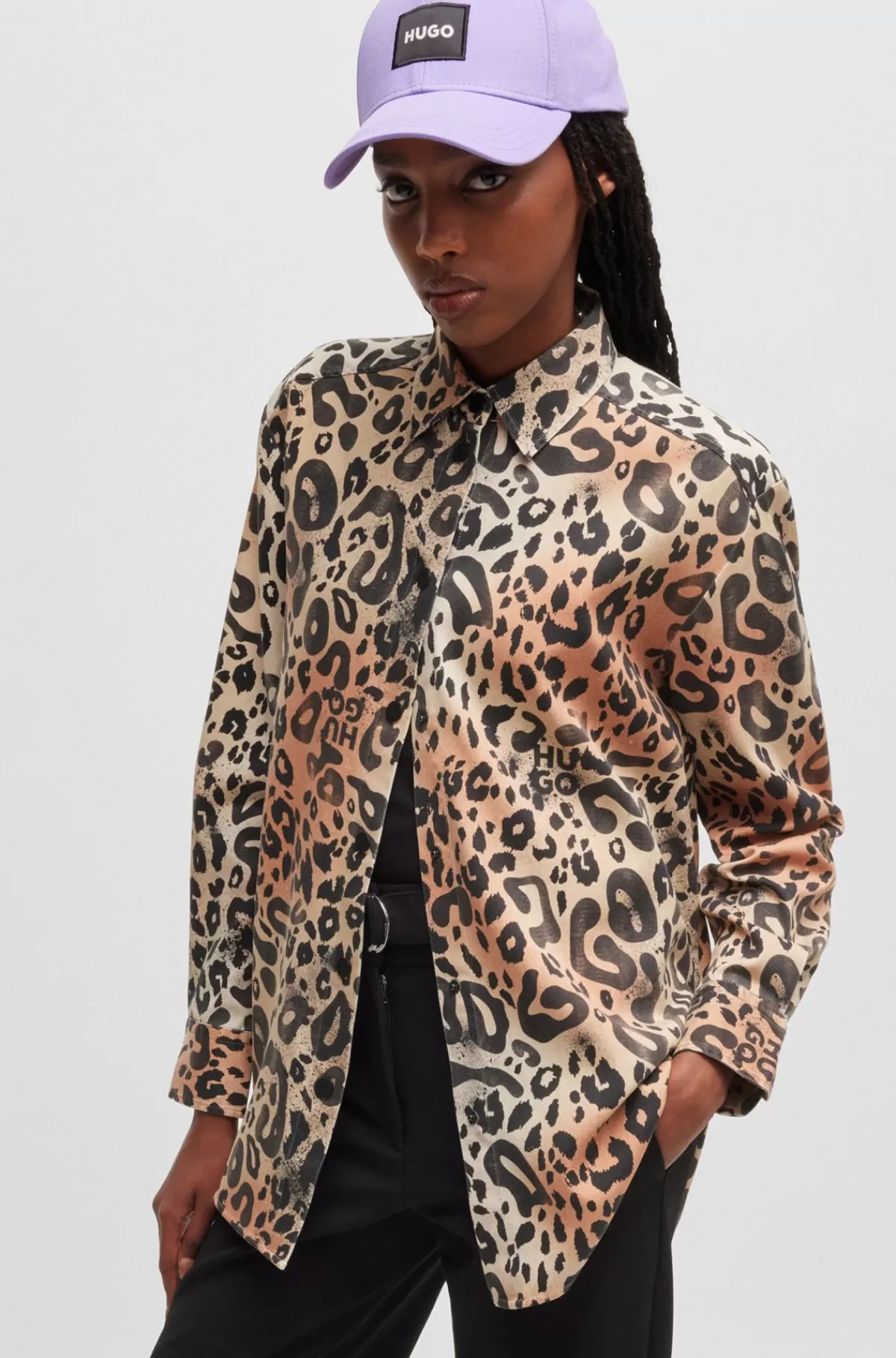 HUGO BOSS Skjorte Med Oversize Fit I Leopardprintet Twill Mønstret Best Sale