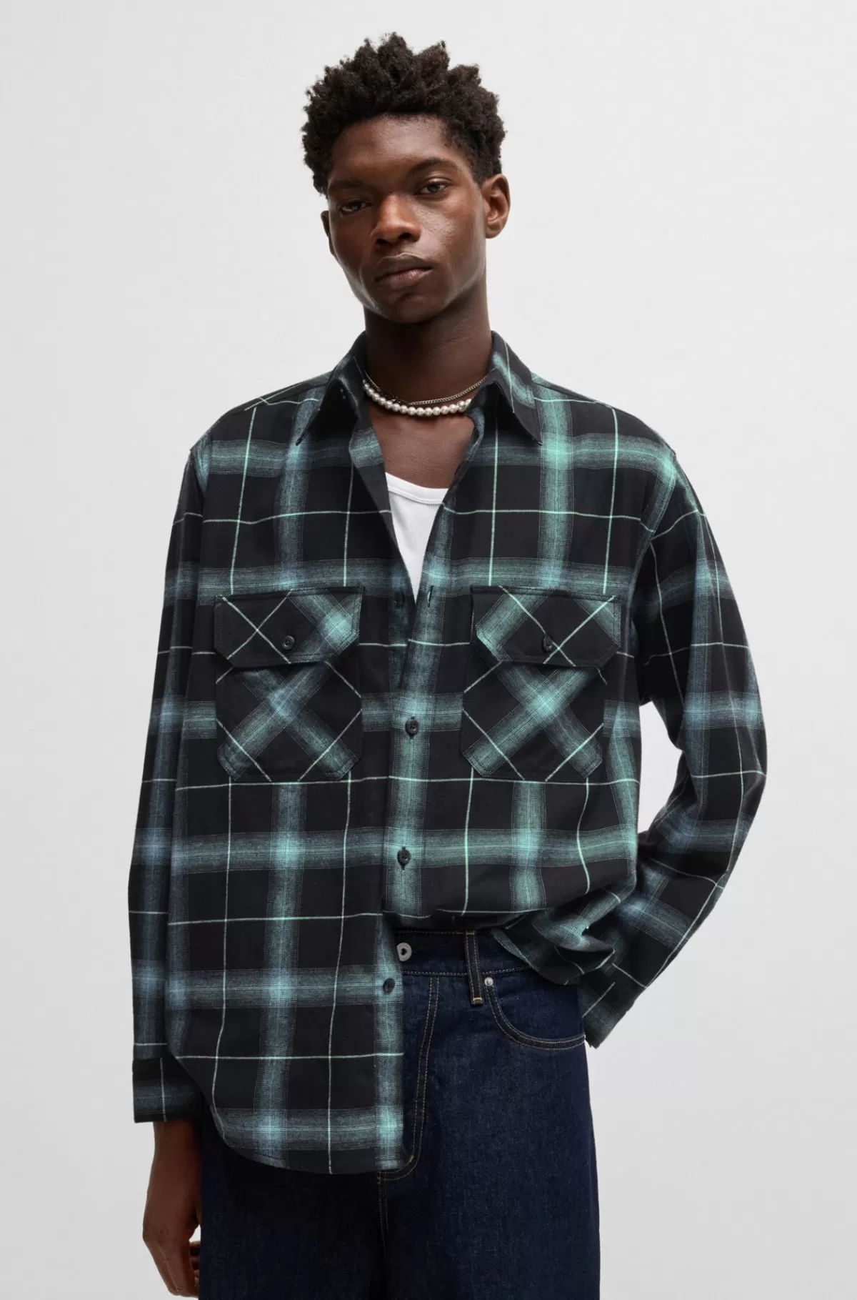 HUGO BOSS Skjorte Med Oversize Fit I Ternet Bomuldsflannel Sort mønstret Outlet