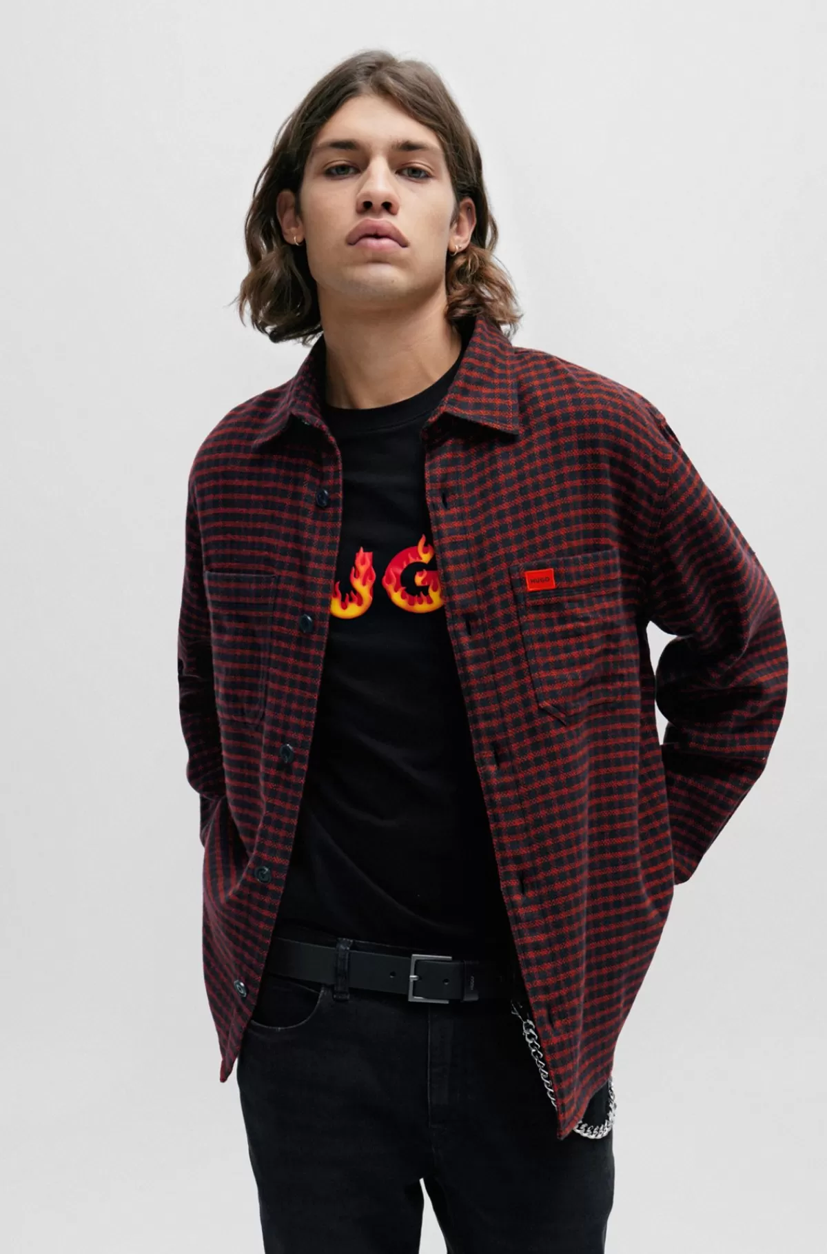 HUGO BOSS Skjorte Med Oversize Fit I Ternet Bomuldsflannel Mørkerød Outlet