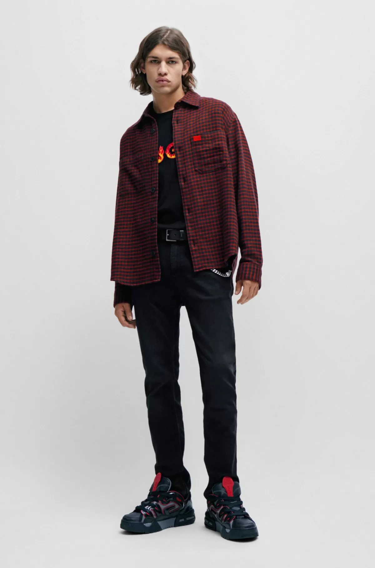HUGO BOSS Skjorte Med Oversize Fit I Ternet Bomuldsflannel Mørkerød Outlet