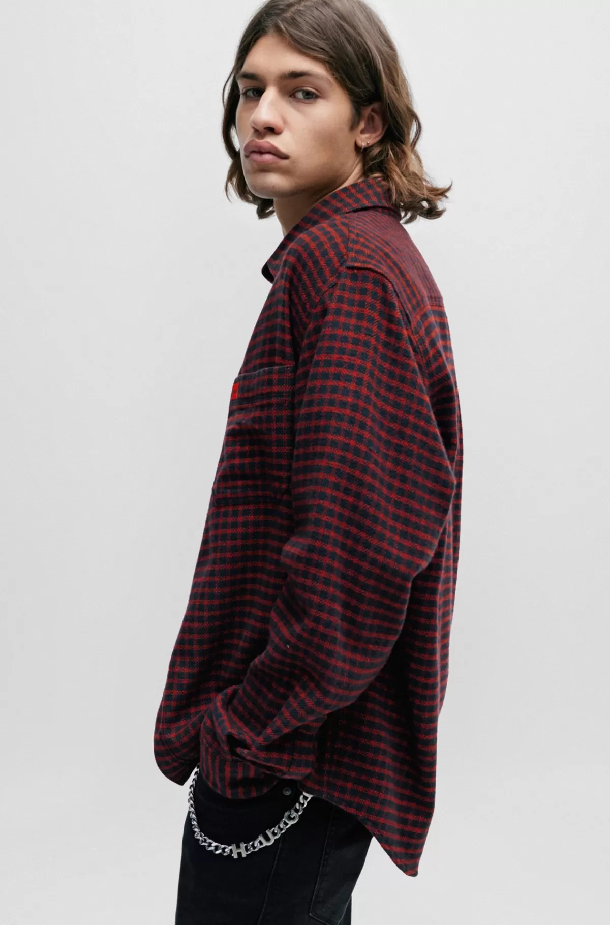 HUGO BOSS Skjorte Med Oversize Fit I Ternet Bomuldsflannel Mørkerød Outlet