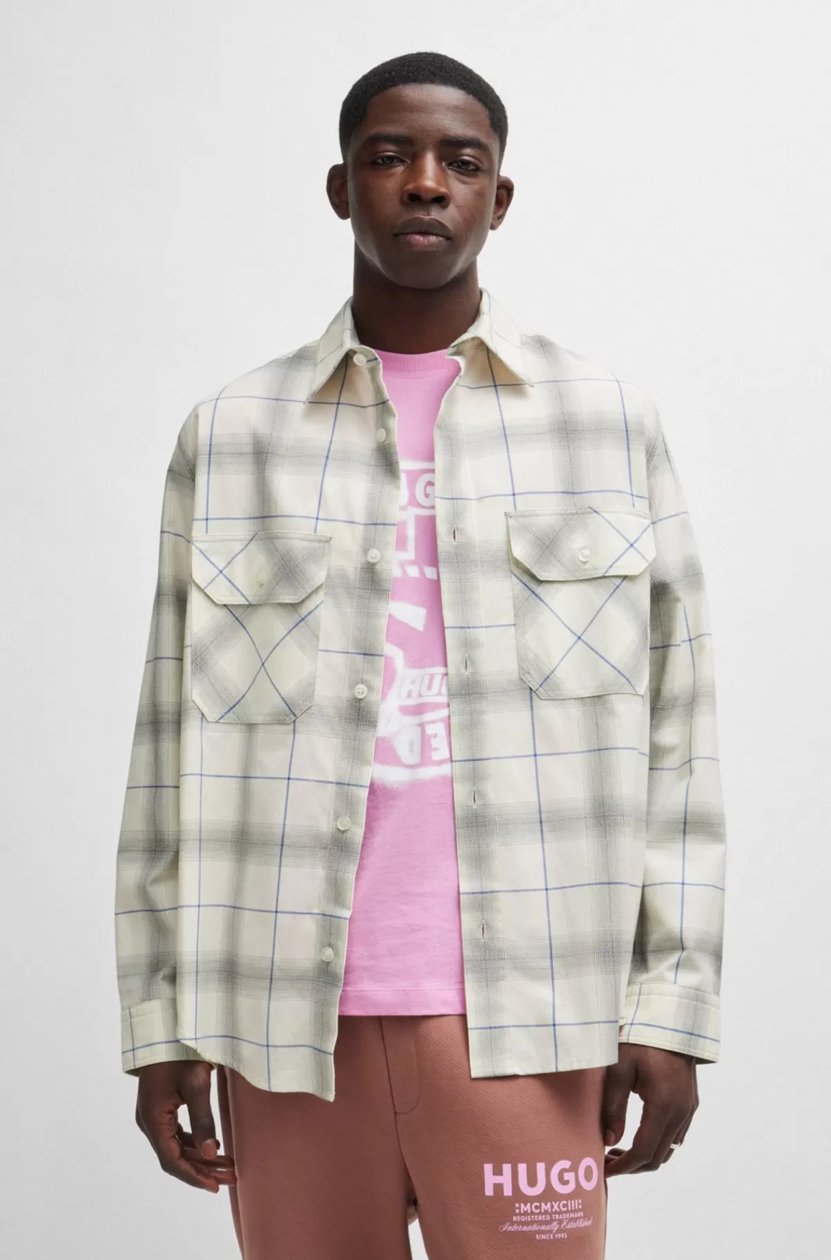 HUGO BOSS Skjorte Med Oversize Fit I Ternet Bomuldstwill Hvid Cheap