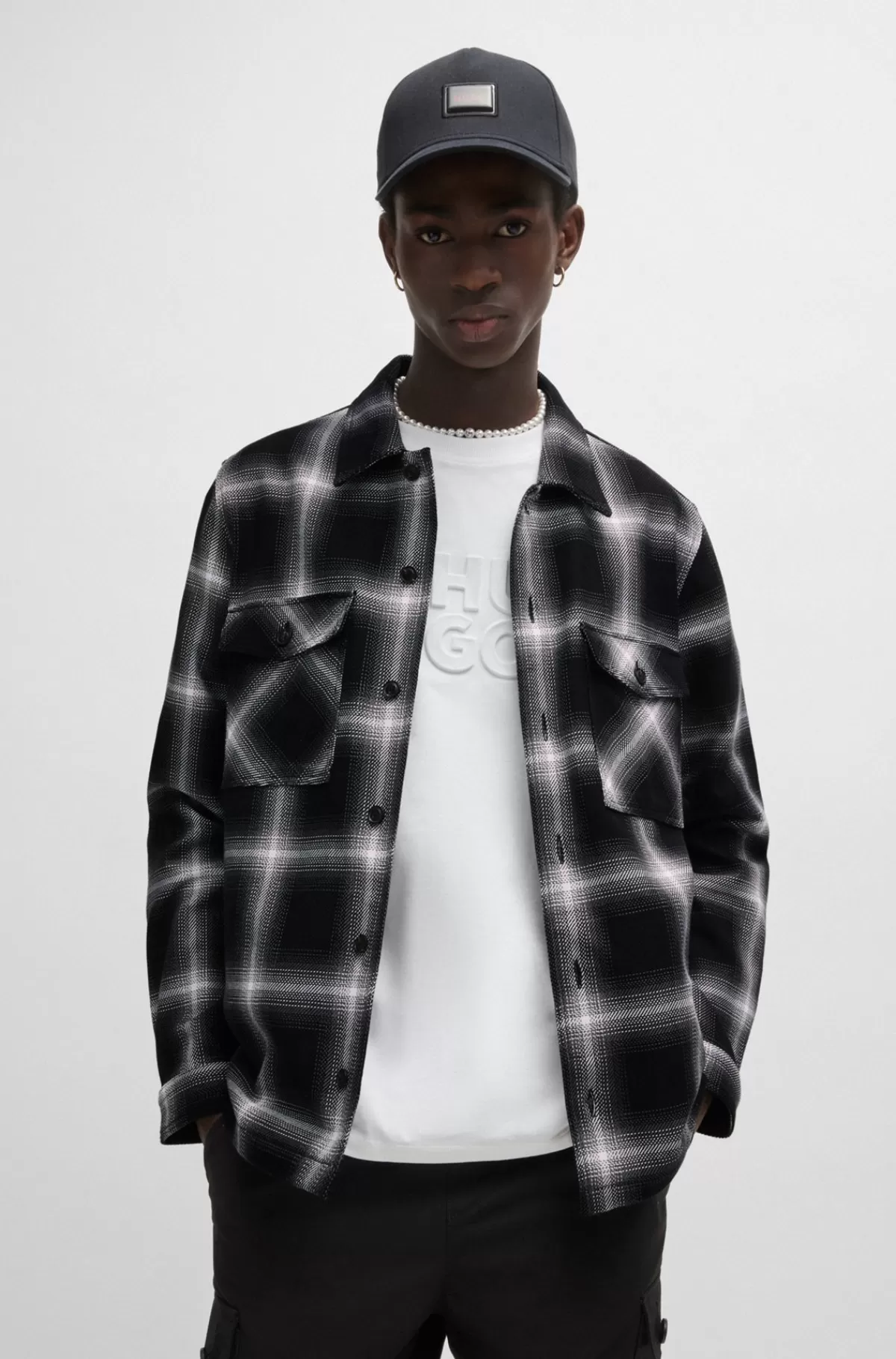 HUGO BOSS Skjorte Med Oversize Fit I Ternet Bomuldstwill Sort mønstret New