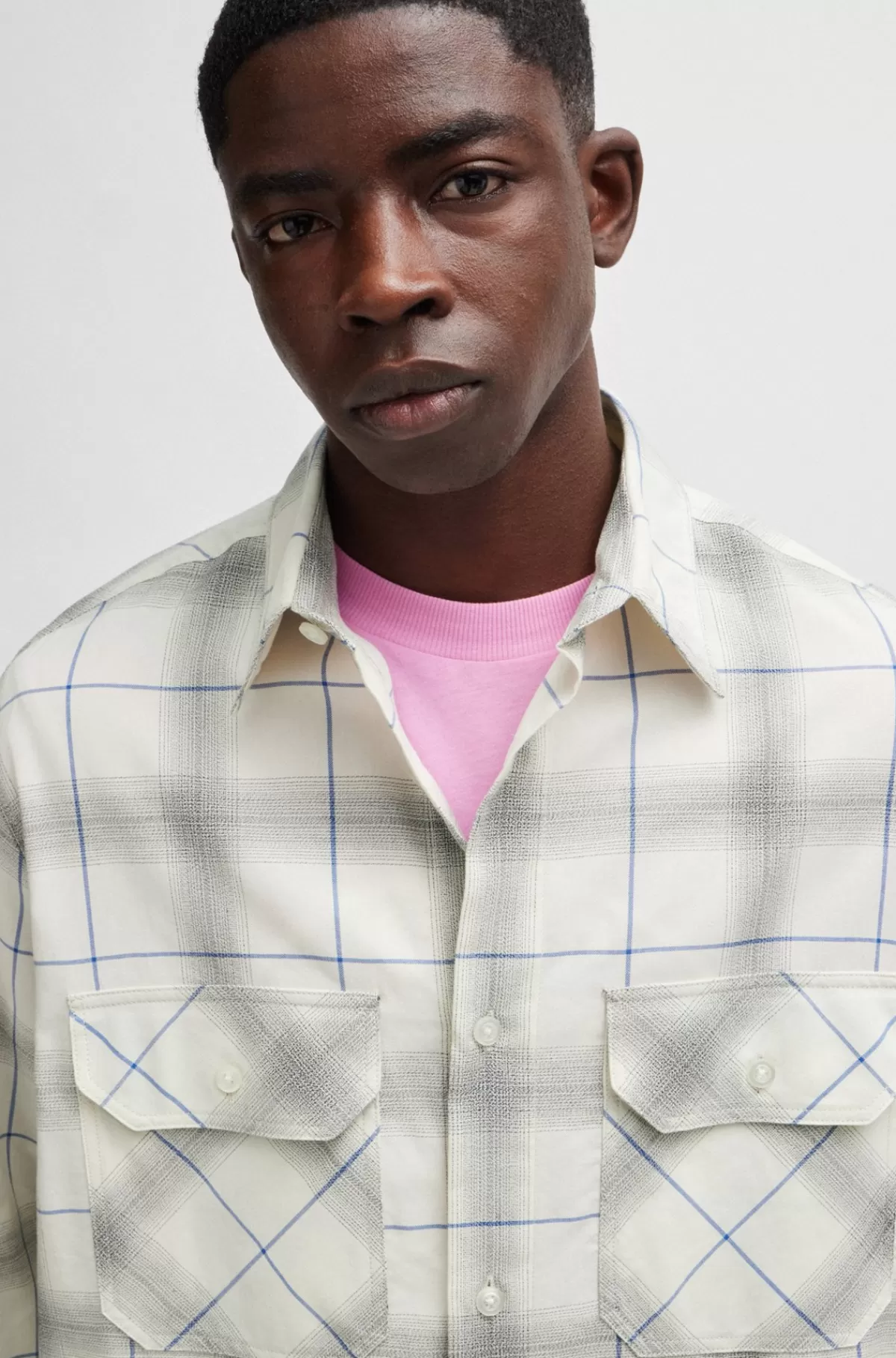 HUGO BOSS Skjorte Med Oversize Fit I Ternet Bomuldstwill Hvid Cheap
