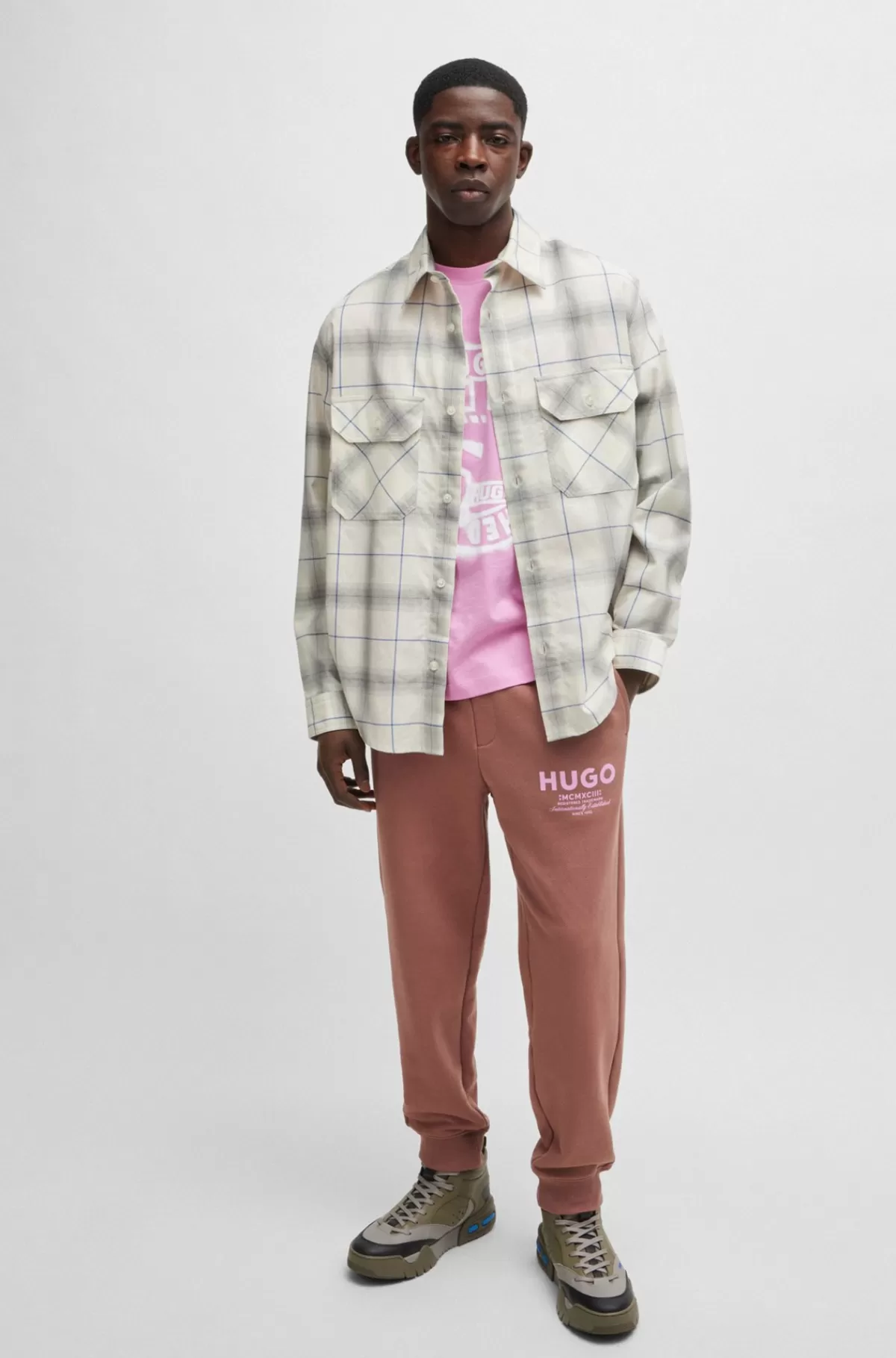 HUGO BOSS Skjorte Med Oversize Fit I Ternet Bomuldstwill Hvid Cheap