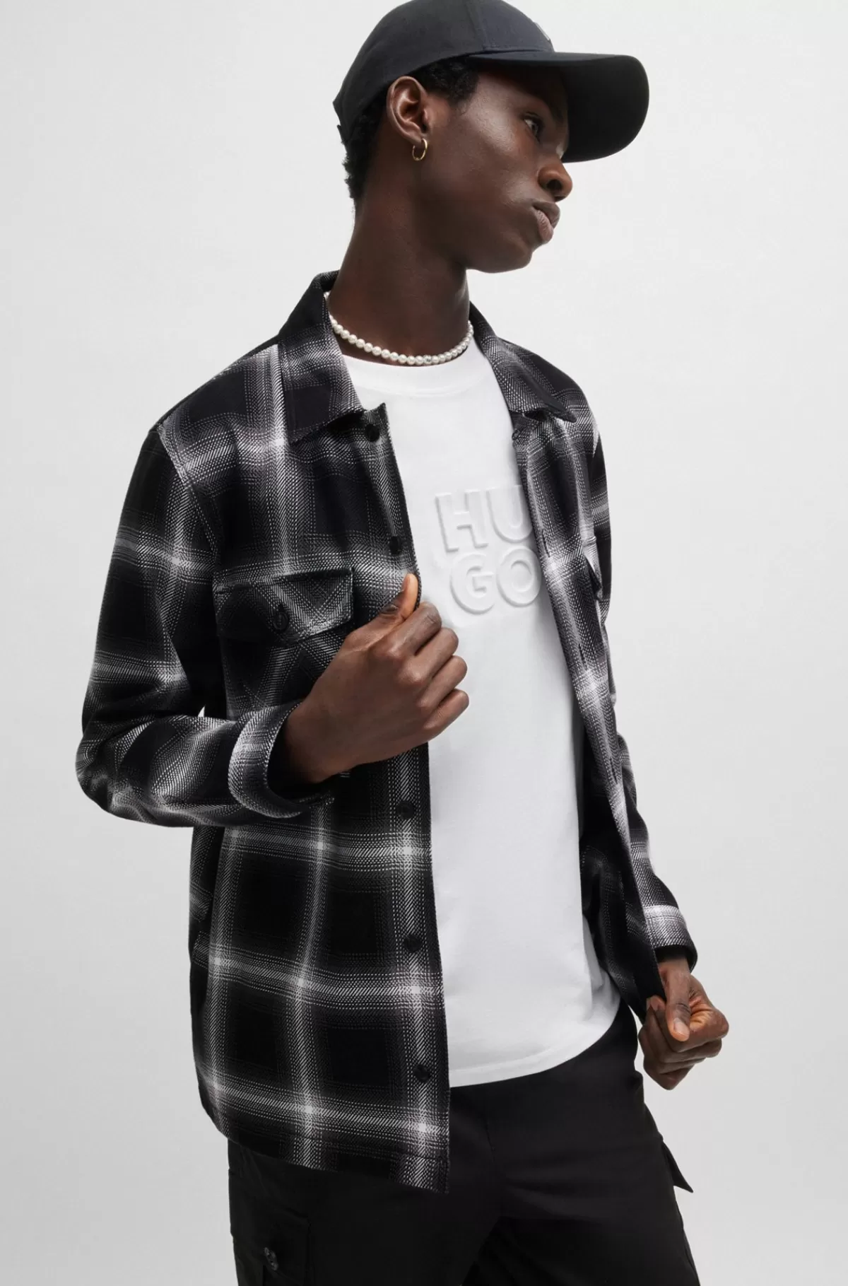 HUGO BOSS Skjorte Med Oversize Fit I Ternet Bomuldstwill Sort mønstret New