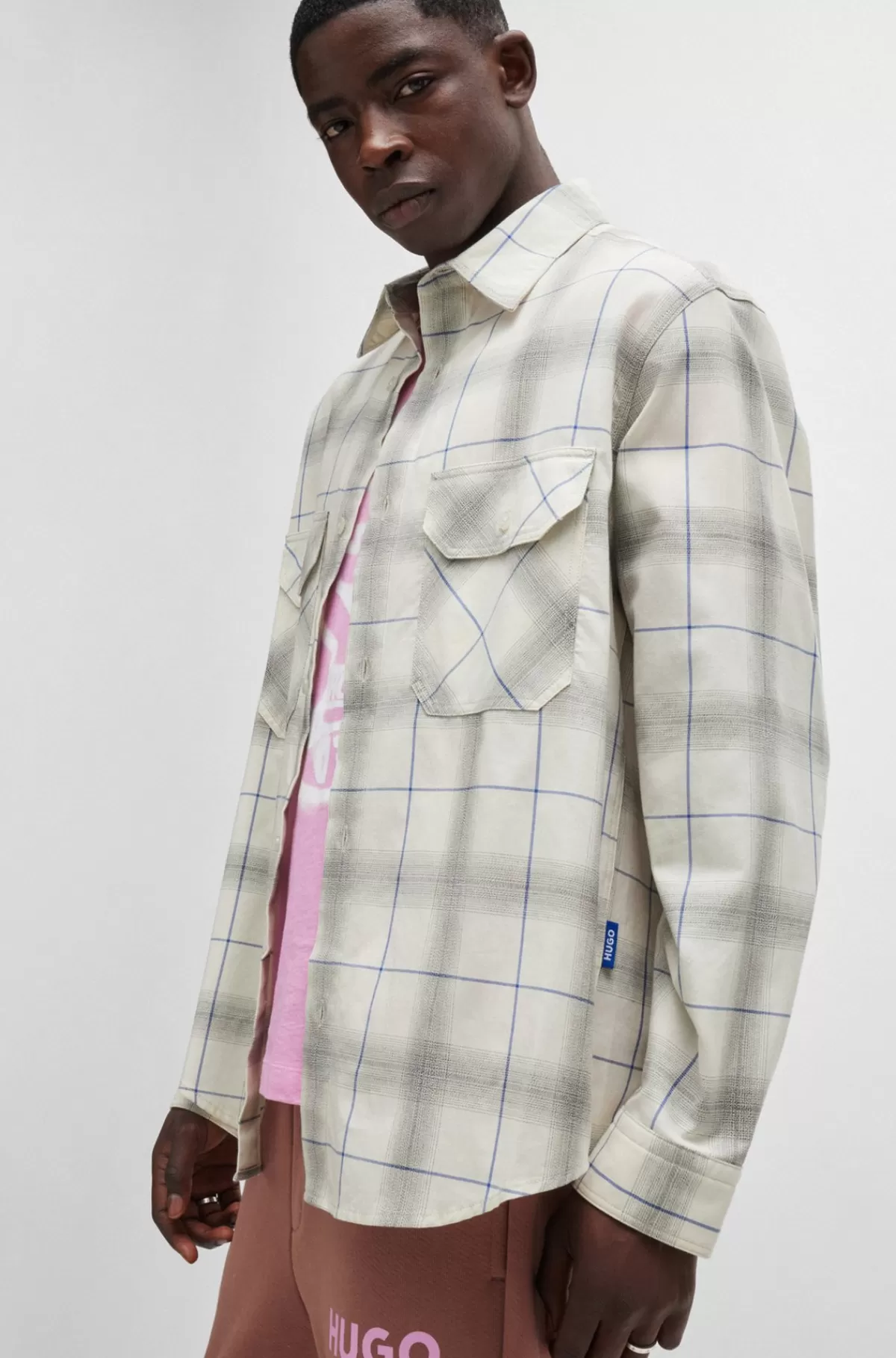 HUGO BOSS Skjorte Med Oversize Fit I Ternet Bomuldstwill Hvid Cheap