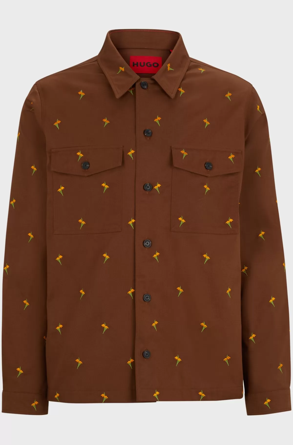 HUGO BOSS Skjorte Med Oversize Fit I Twill Med Broderede Blomster Brun Cheap