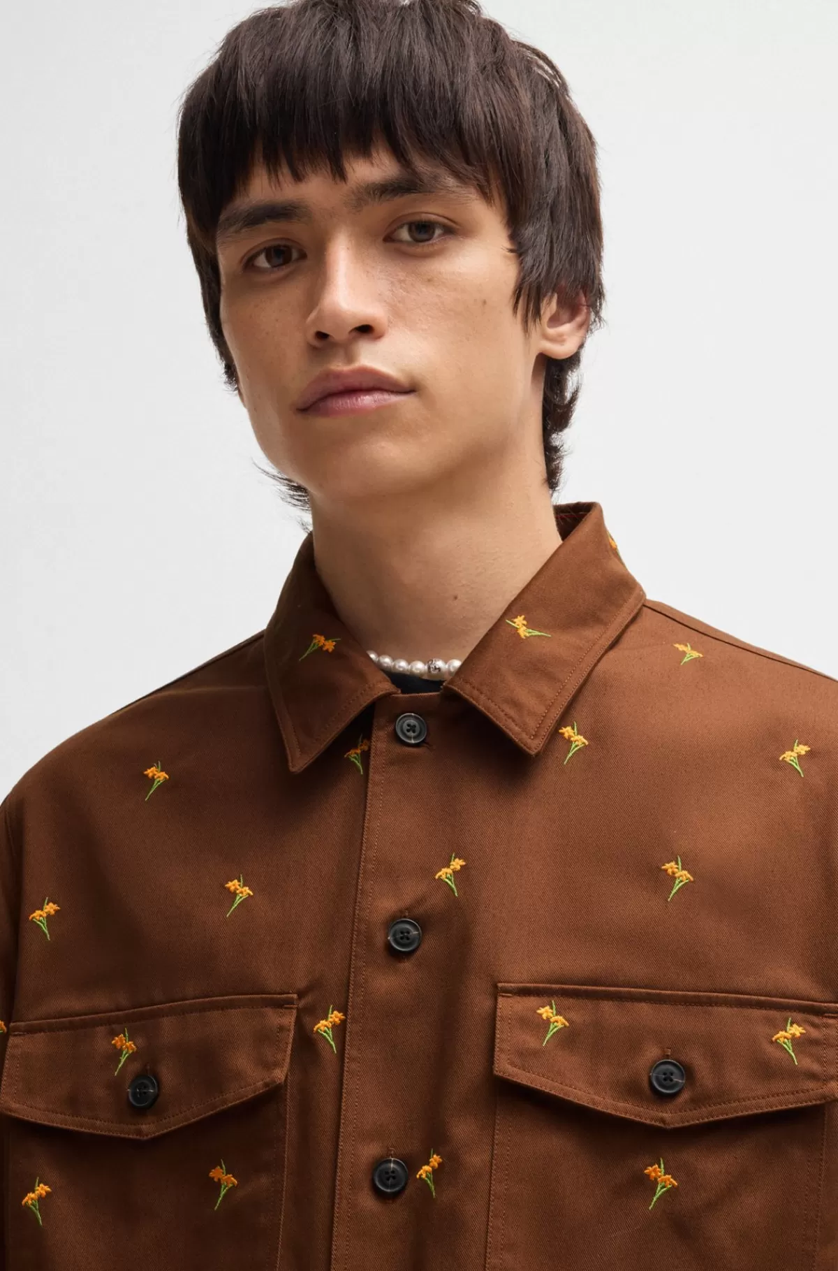 HUGO BOSS Skjorte Med Oversize Fit I Twill Med Broderede Blomster Brun Cheap