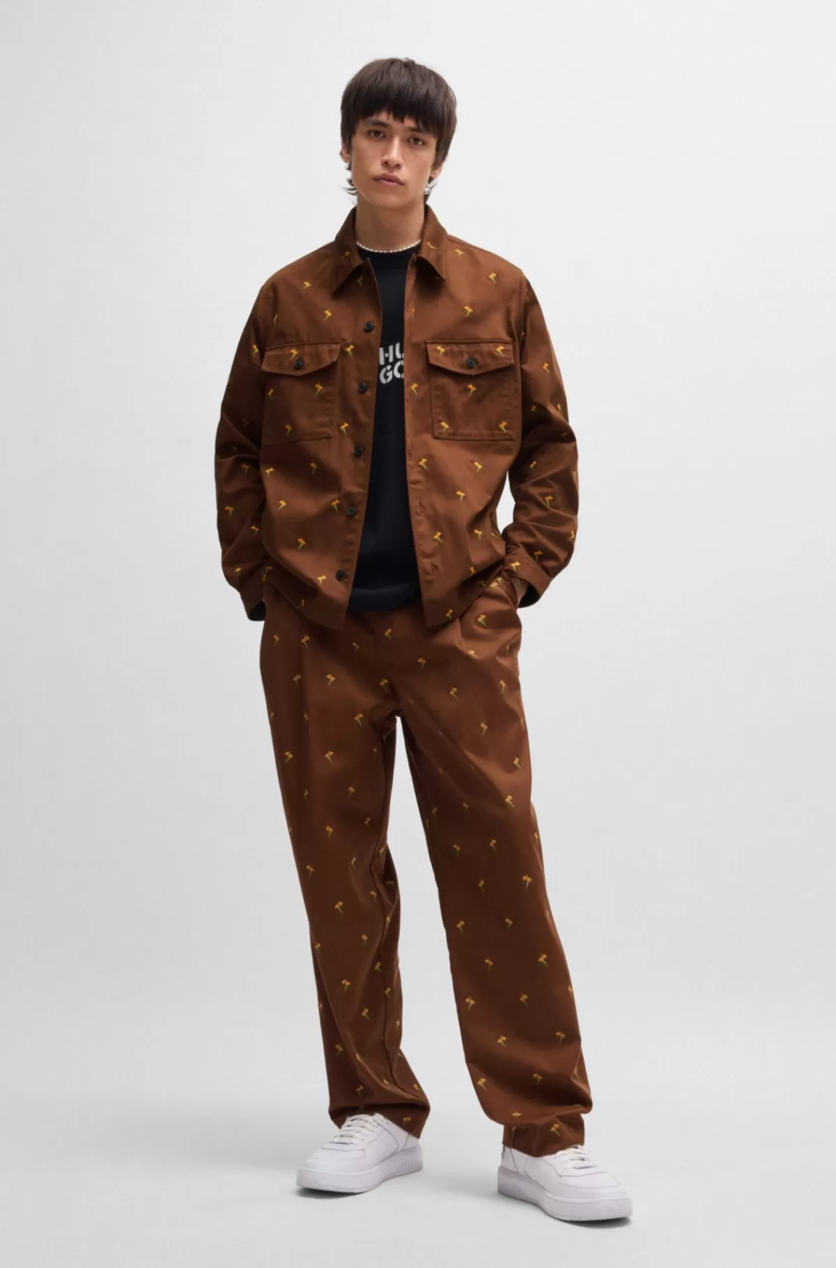 HUGO BOSS Skjorte Med Oversize Fit I Twill Med Broderede Blomster Brun Cheap