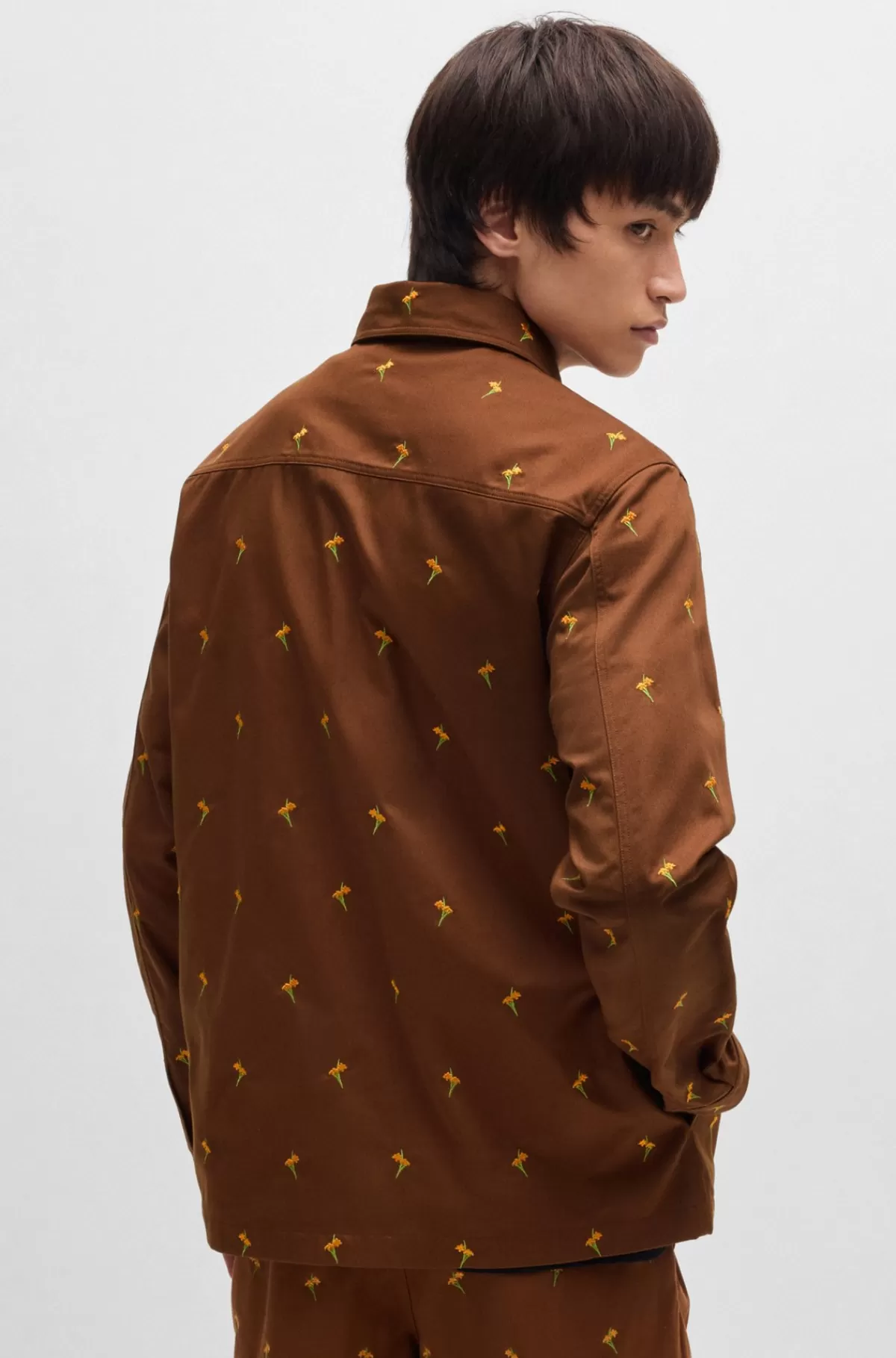HUGO BOSS Skjorte Med Oversize Fit I Twill Med Broderede Blomster Brun Cheap