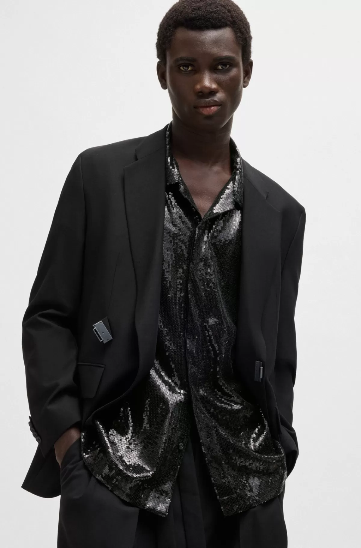 HUGO BOSS Skjorte Med Oversize Fit Med Korte ærmer Og I Pailletstof Med Stræk Sort Store