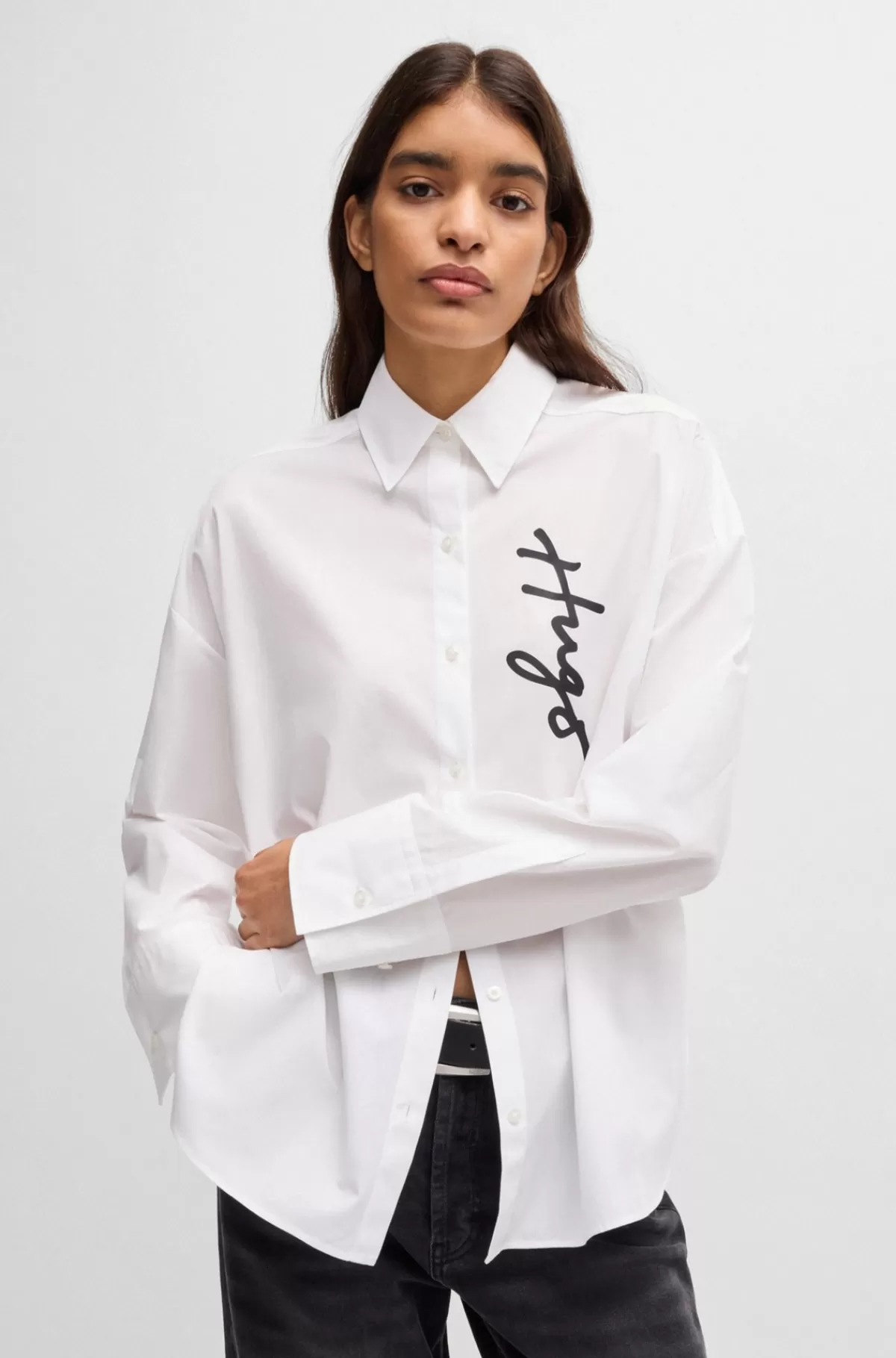 HUGO BOSS Skjorte Med Oversize Fit Og Håndskrevet Logoprint Hvid Best
