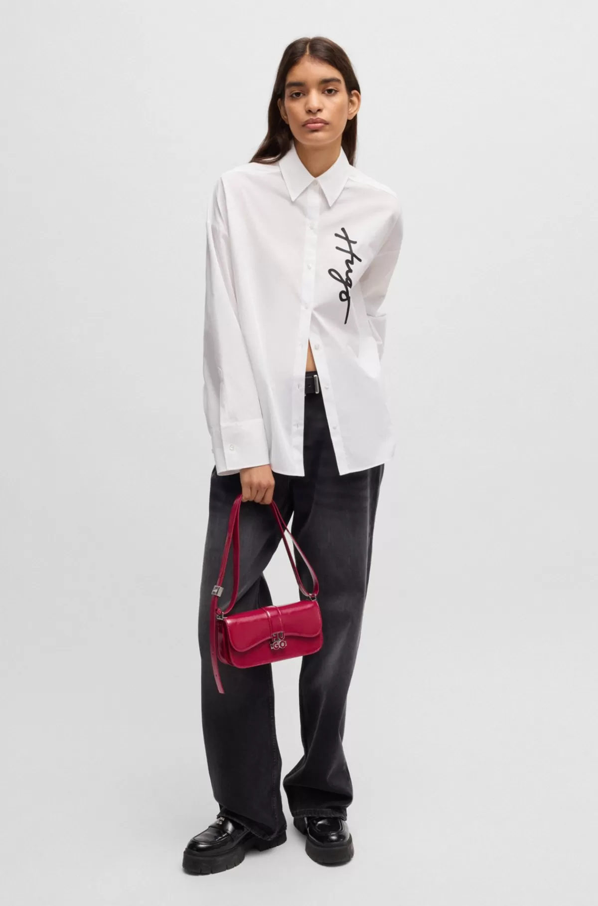 HUGO BOSS Skjorte Med Oversize Fit Og Håndskrevet Logoprint Hvid Best