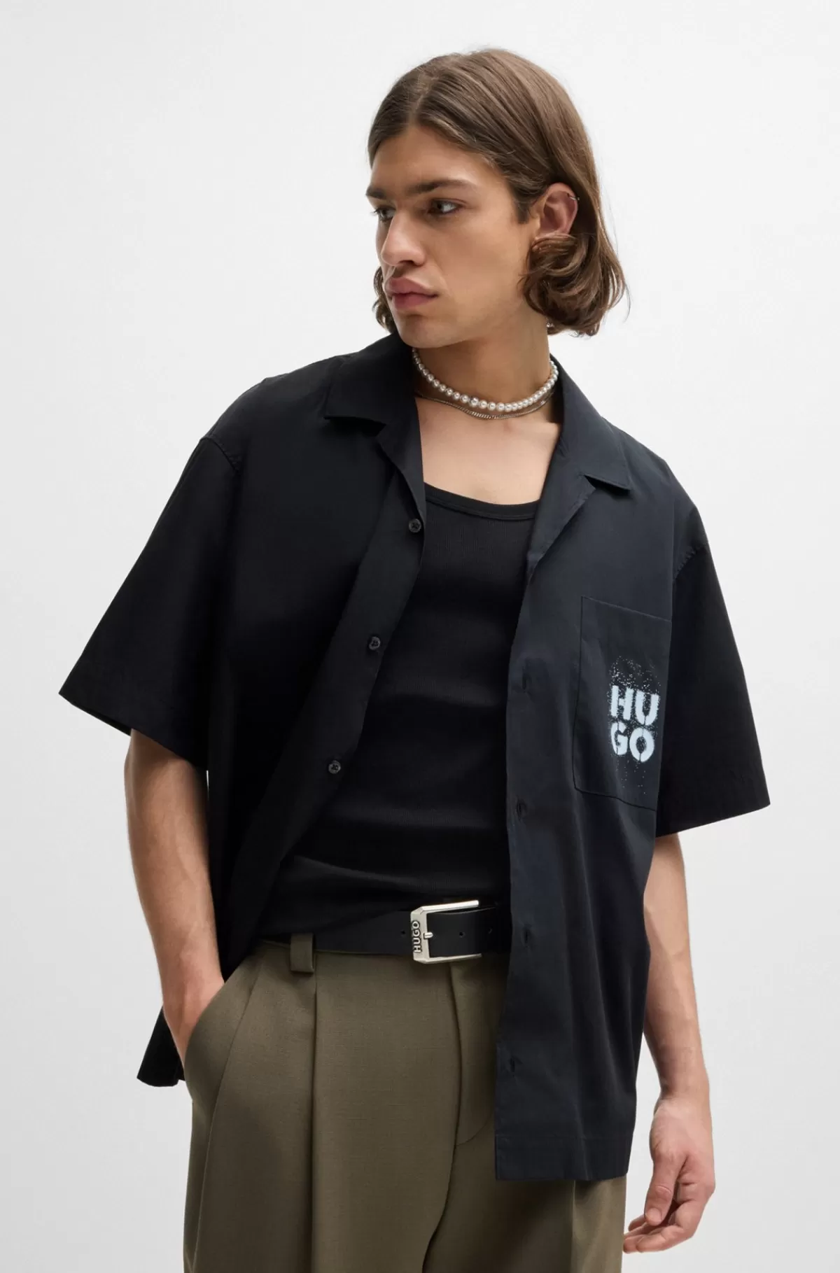 HUGO BOSS Skjorte Med Oversize Fit Og Logoprint Sort Best