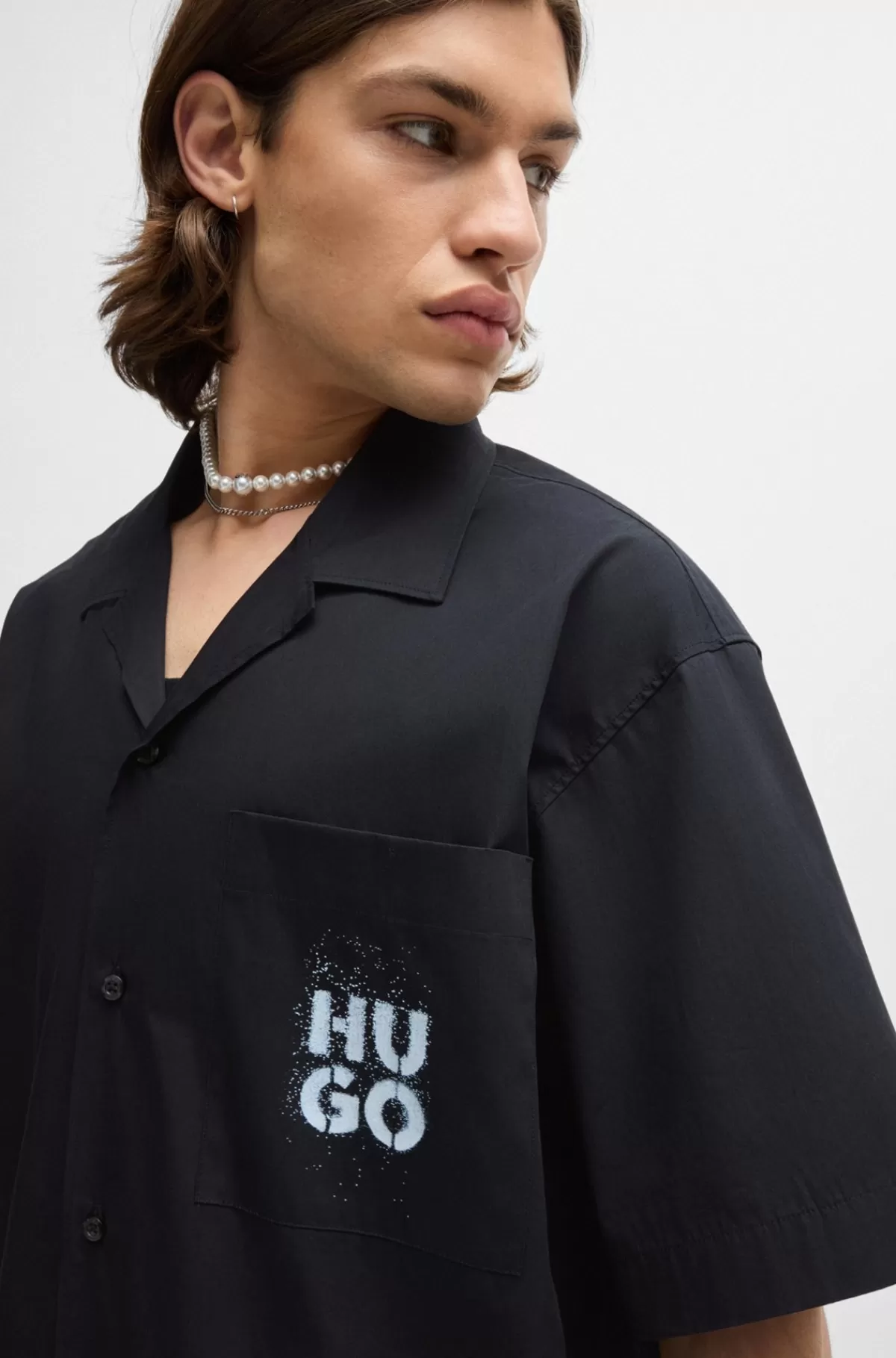 HUGO BOSS Skjorte Med Oversize Fit Og Logoprint Sort Best