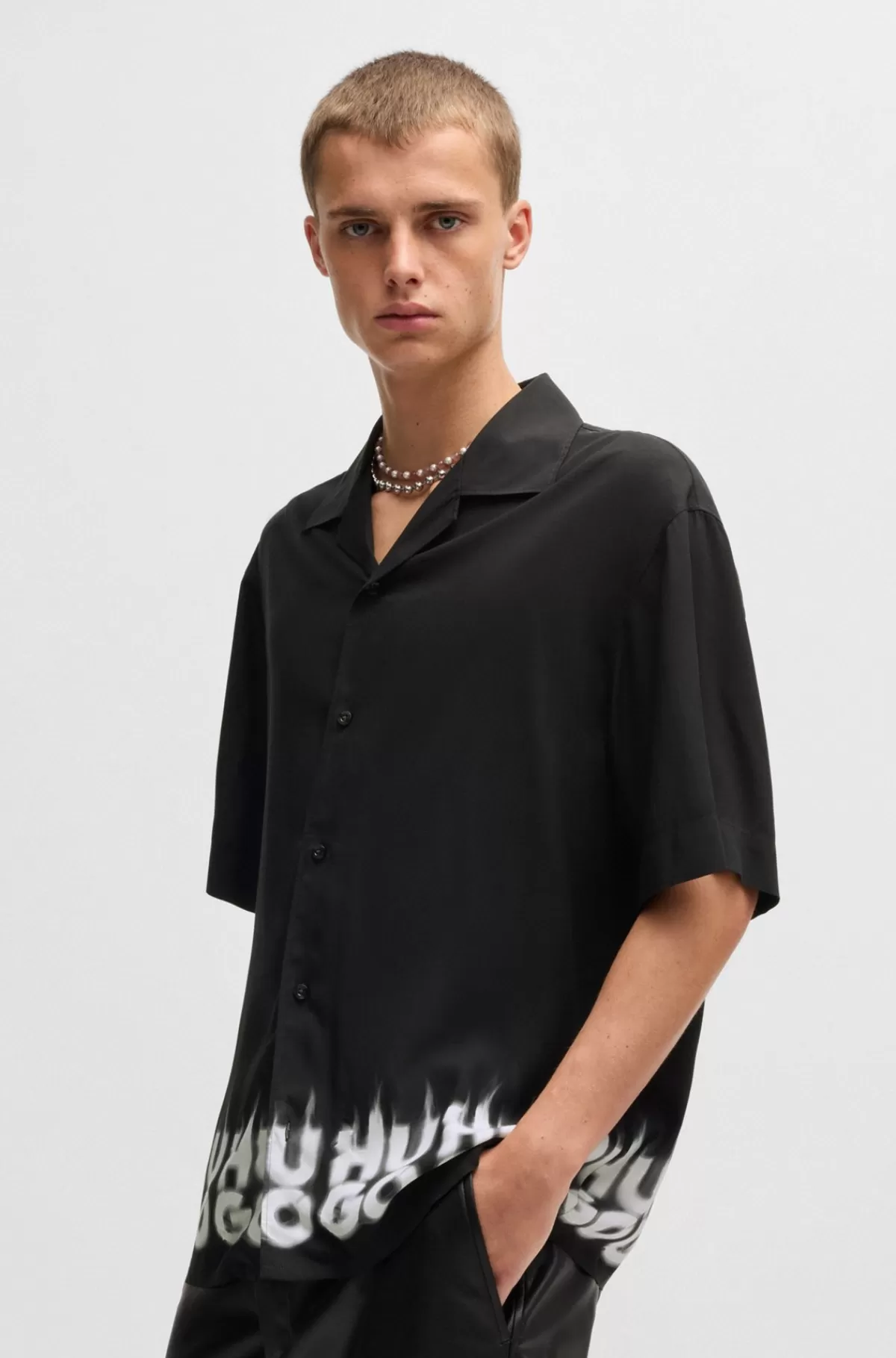 HUGO BOSS Skjorte Med Oversize Fit Og Logoprint Med Røgeffekt I Kanten Sort Cheap