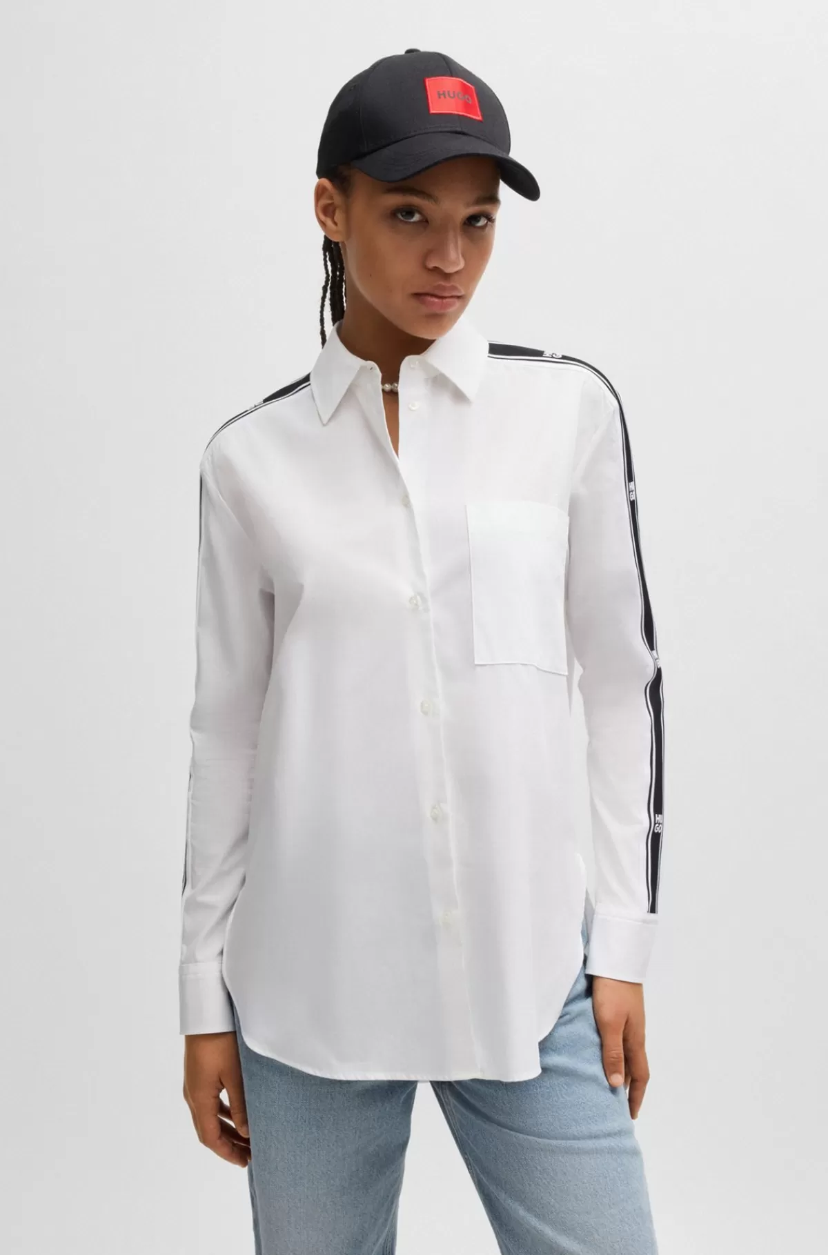 HUGO BOSS Skjorte Med Oversize Fit Og Stribe Med Stablet Logo Hvid Best Sale