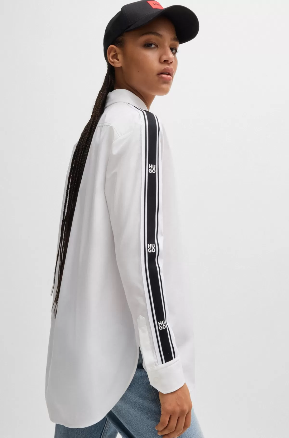 HUGO BOSS Skjorte Med Oversize Fit Og Stribe Med Stablet Logo Hvid Best Sale