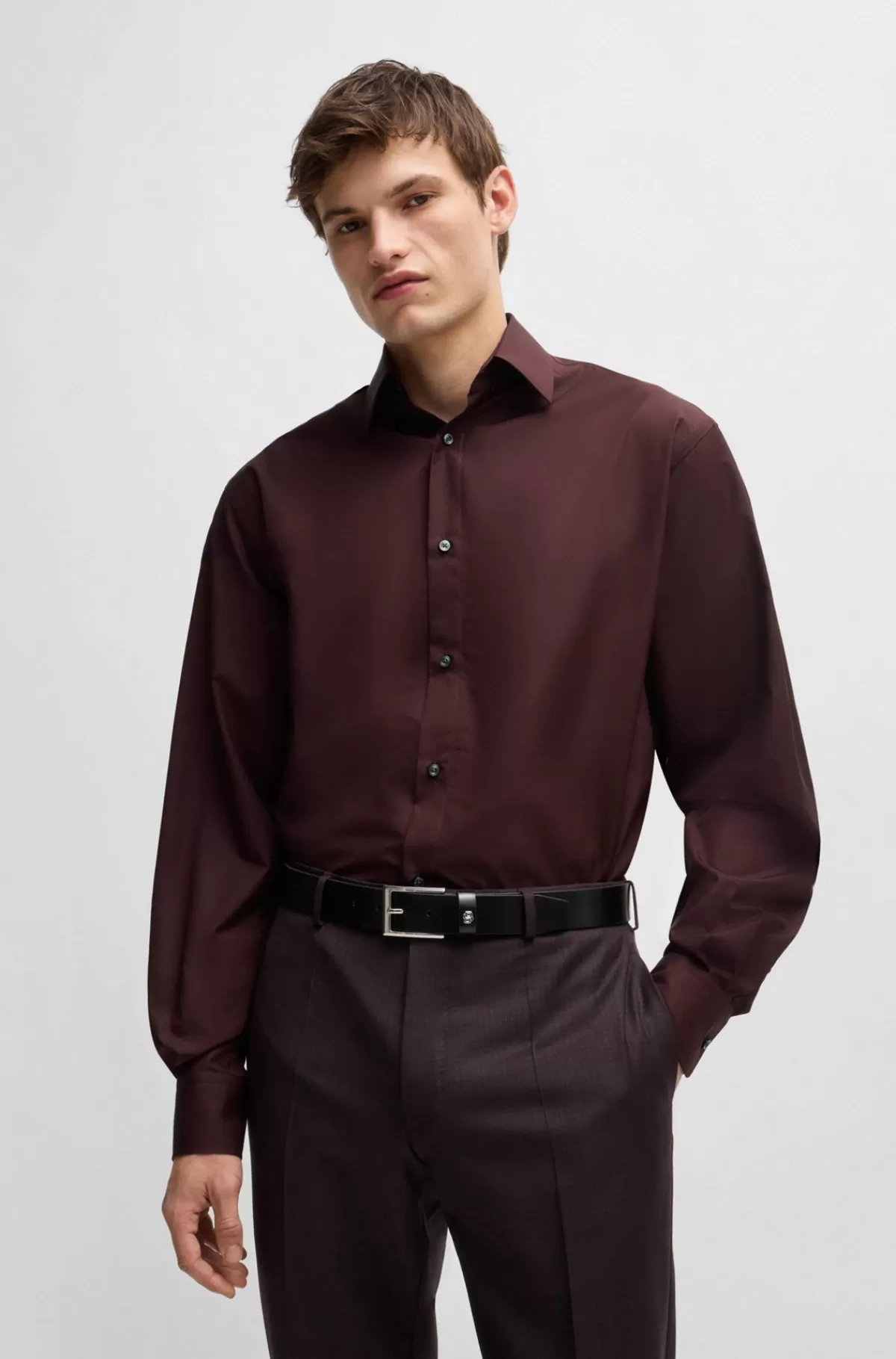 HUGO BOSS Skjorte Med Regular Fit I Bomuldspoplin Brun Outlet