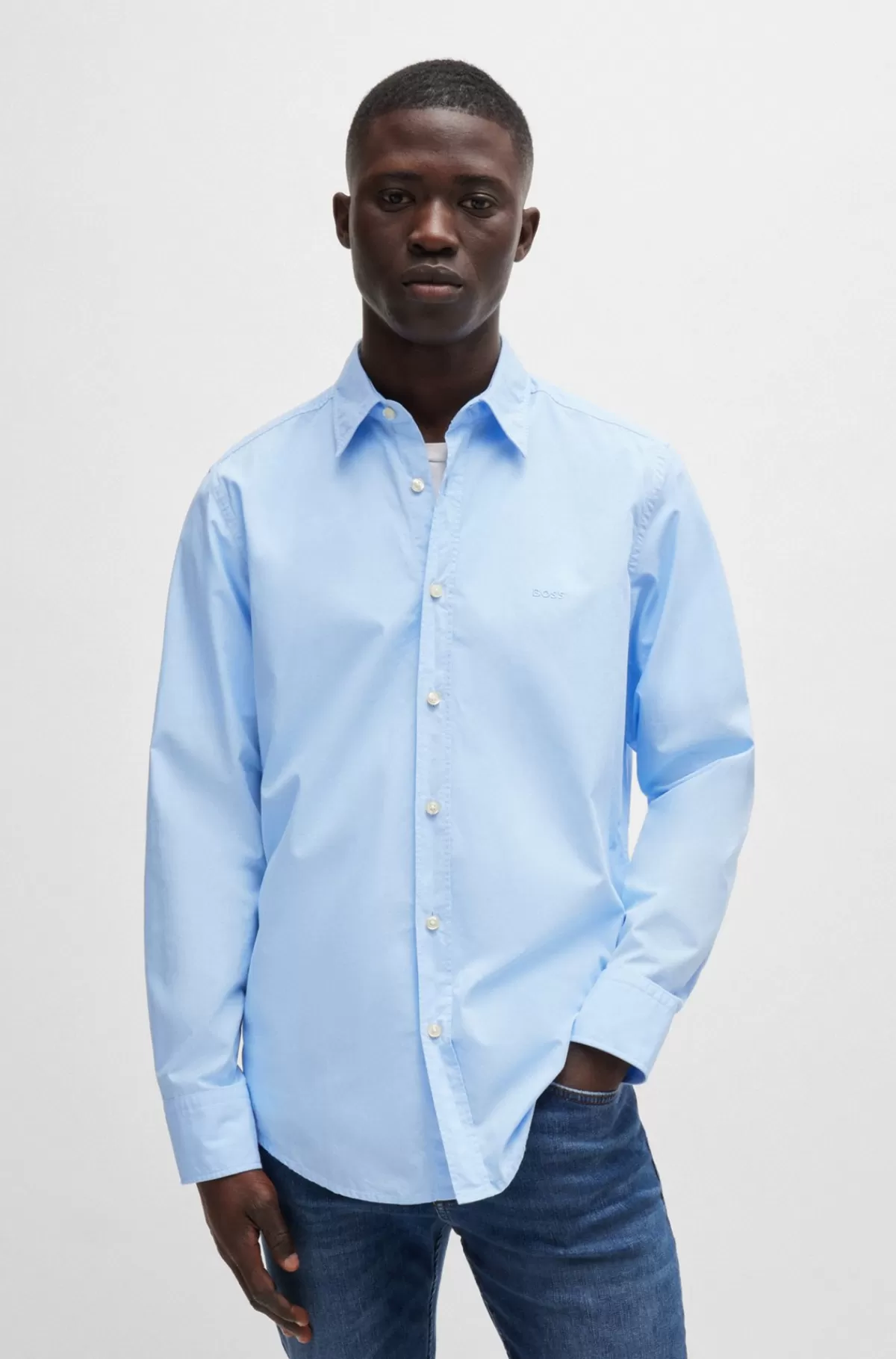 HUGO BOSS Skjorte Med Regular Fit I Bomuldspoplin Lyseblå Sale