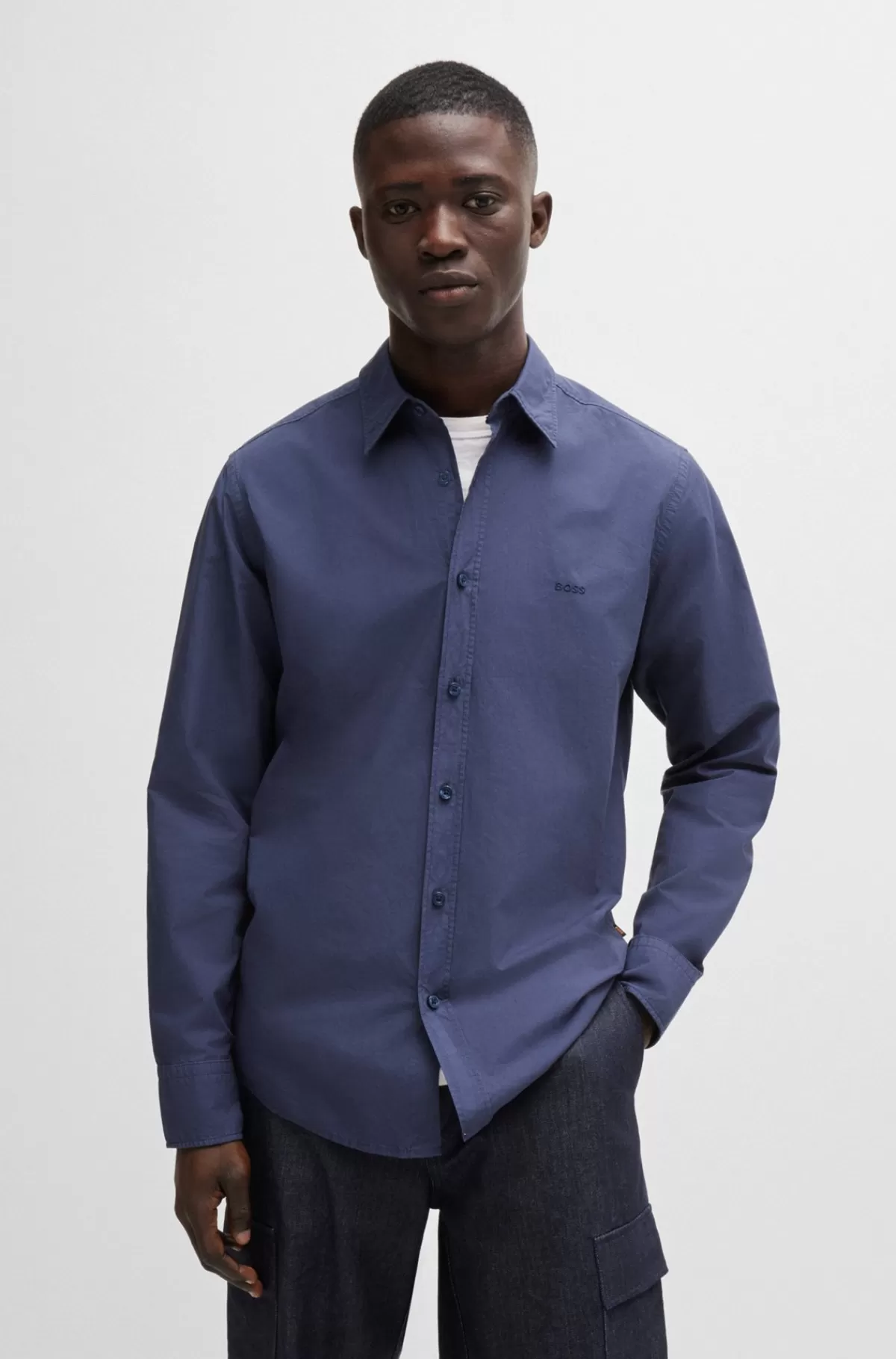 HUGO BOSS Skjorte Med Regular Fit I Bomuldspoplin Mørkeblå New
