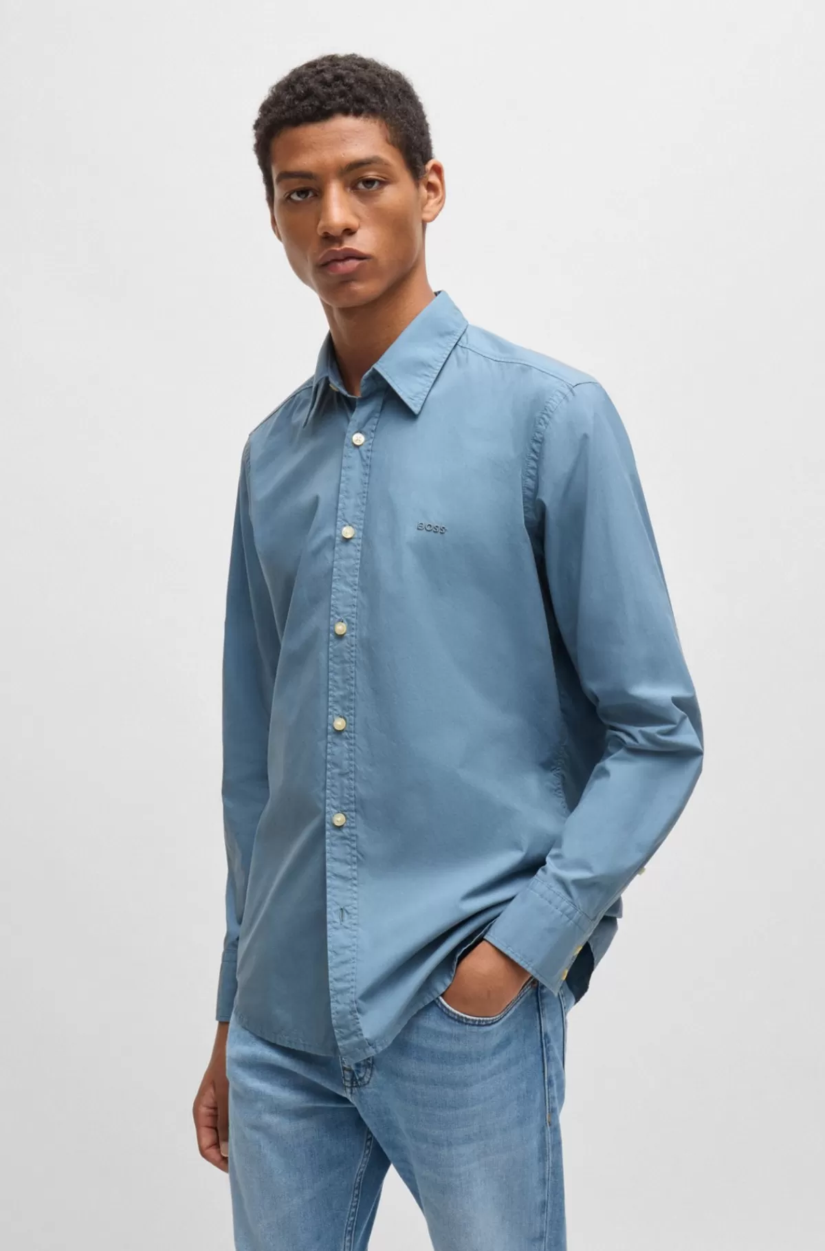 HUGO BOSS Skjorte Med Regular Fit I Bomuldspoplin Blå Cheap