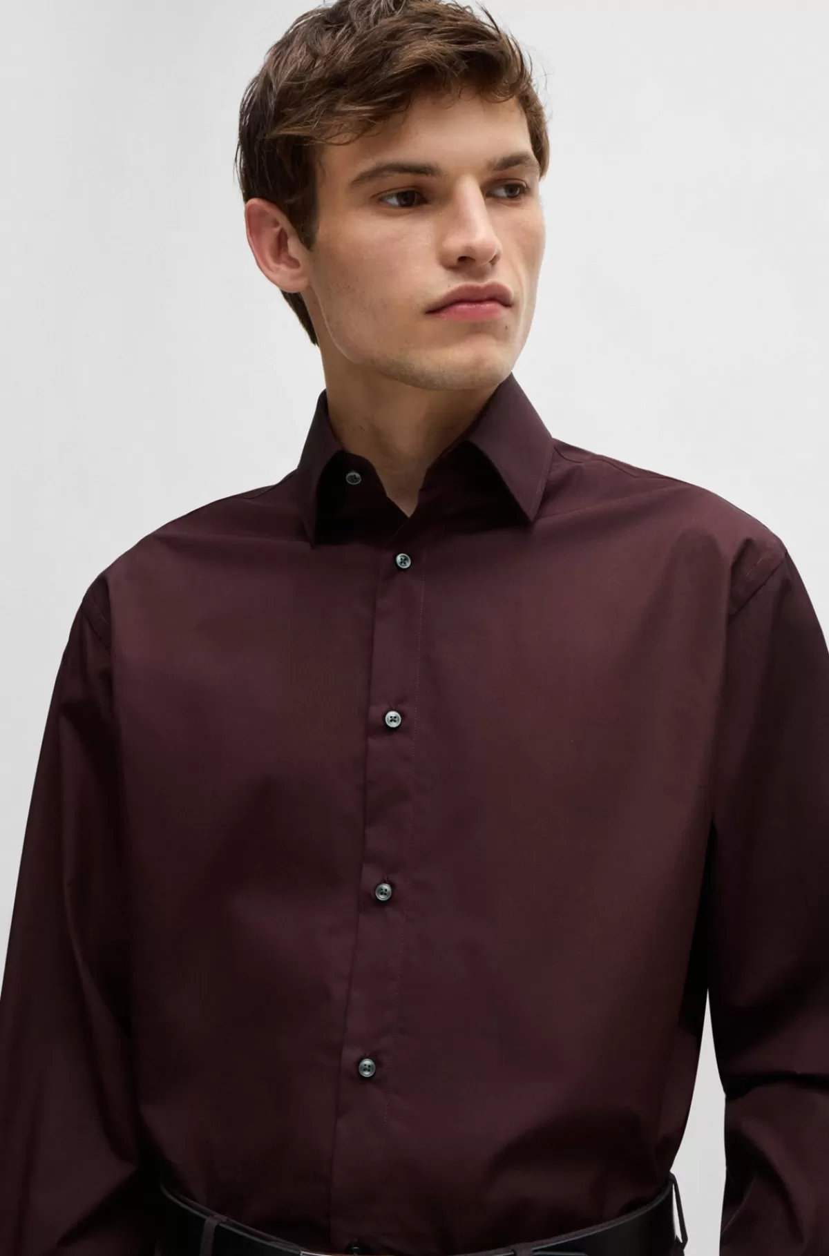 HUGO BOSS Skjorte Med Regular Fit I Bomuldspoplin Brun Outlet