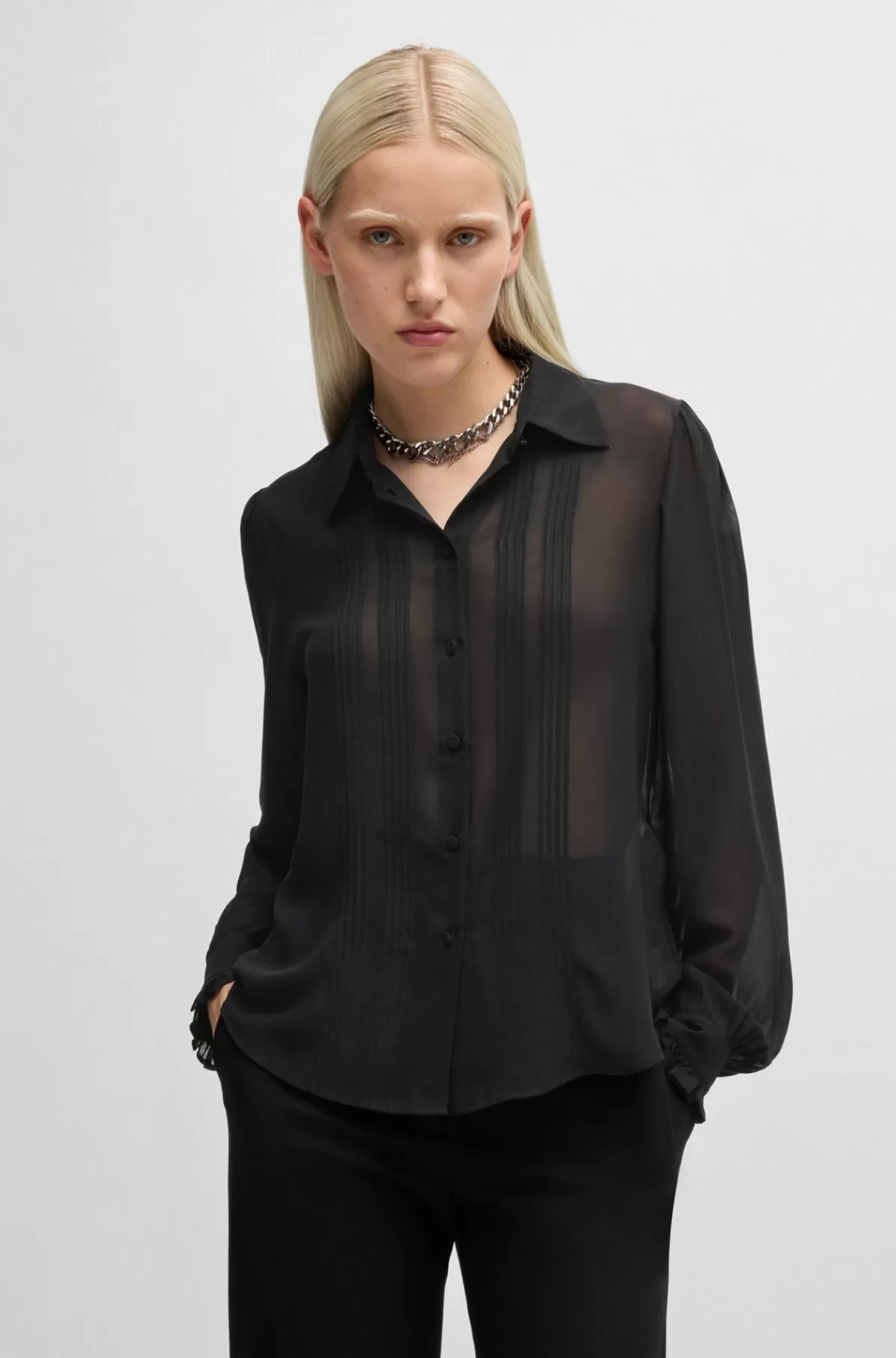 HUGO BOSS Skjorte Med Regular Fit I Halvtransparent Chiffon Sort Cheap