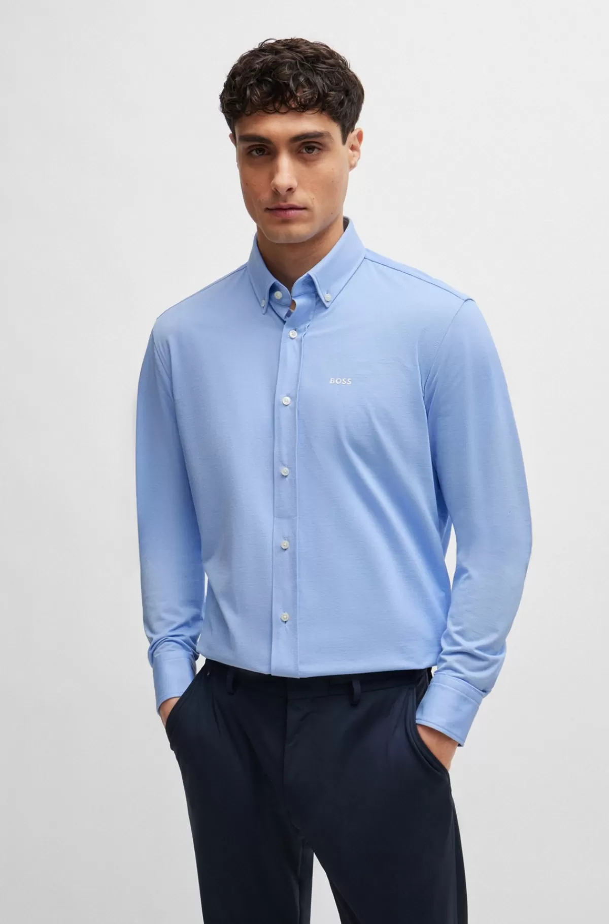 HUGO BOSS Skjorte Med Regular Fit I Jersey Af Bomuldsblanding Med Struktur Lyseblå Online