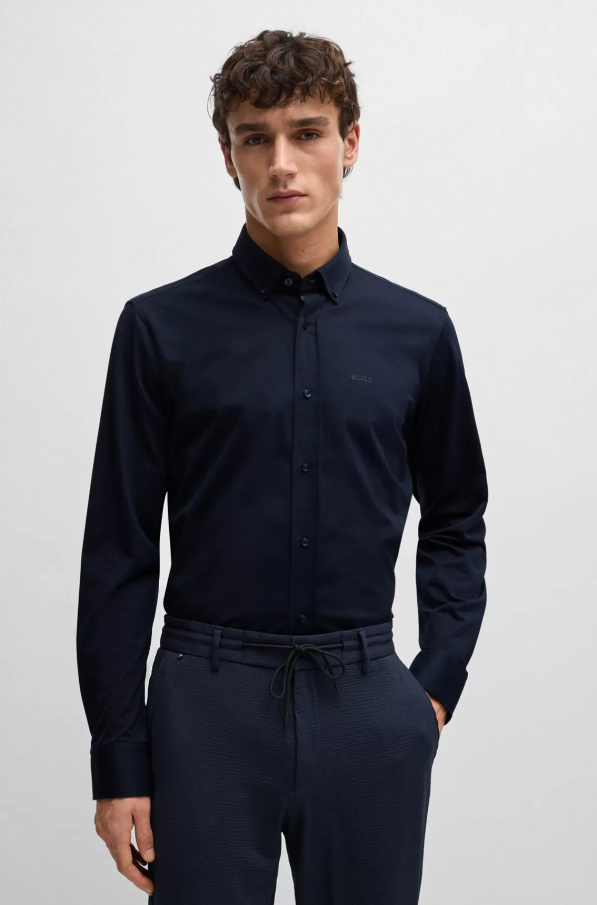 HUGO BOSS Skjorte Med Regular Fit I Jersey Af Bomuldsblanding Med Struktur Mørkeblå Online