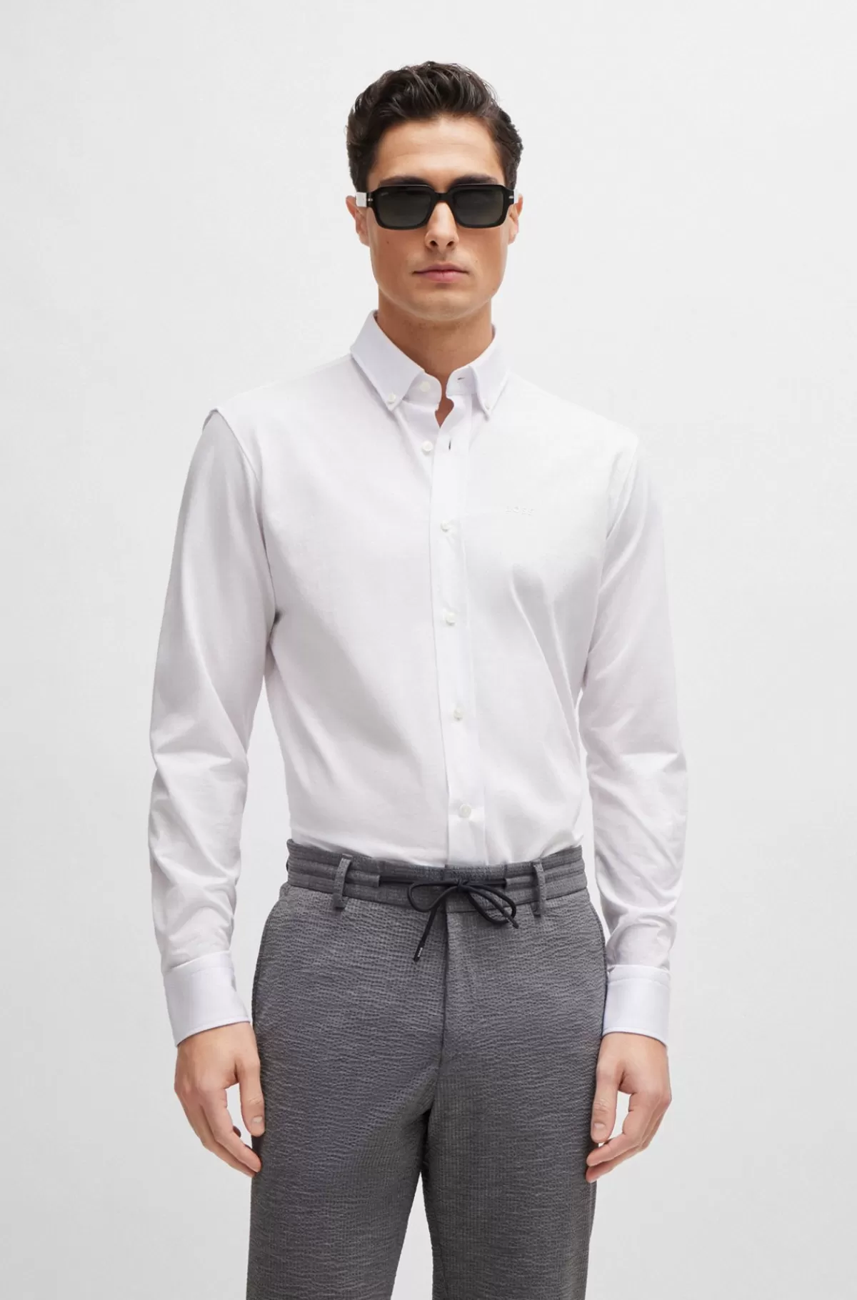 HUGO BOSS Skjorte Med Regular Fit I Jersey Af Bomuldsblanding Med Struktur Hvid Outlet