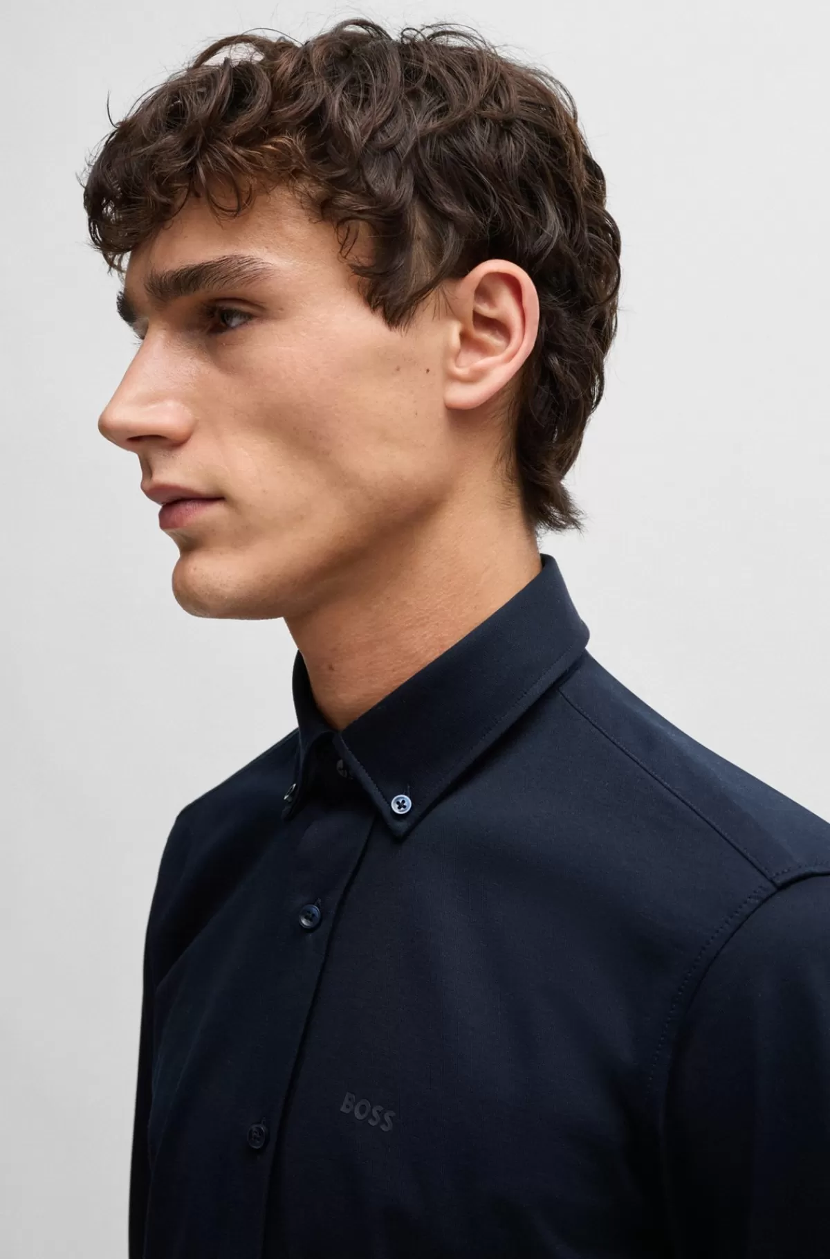 HUGO BOSS Skjorte Med Regular Fit I Jersey Af Bomuldsblanding Med Struktur Mørkeblå Online