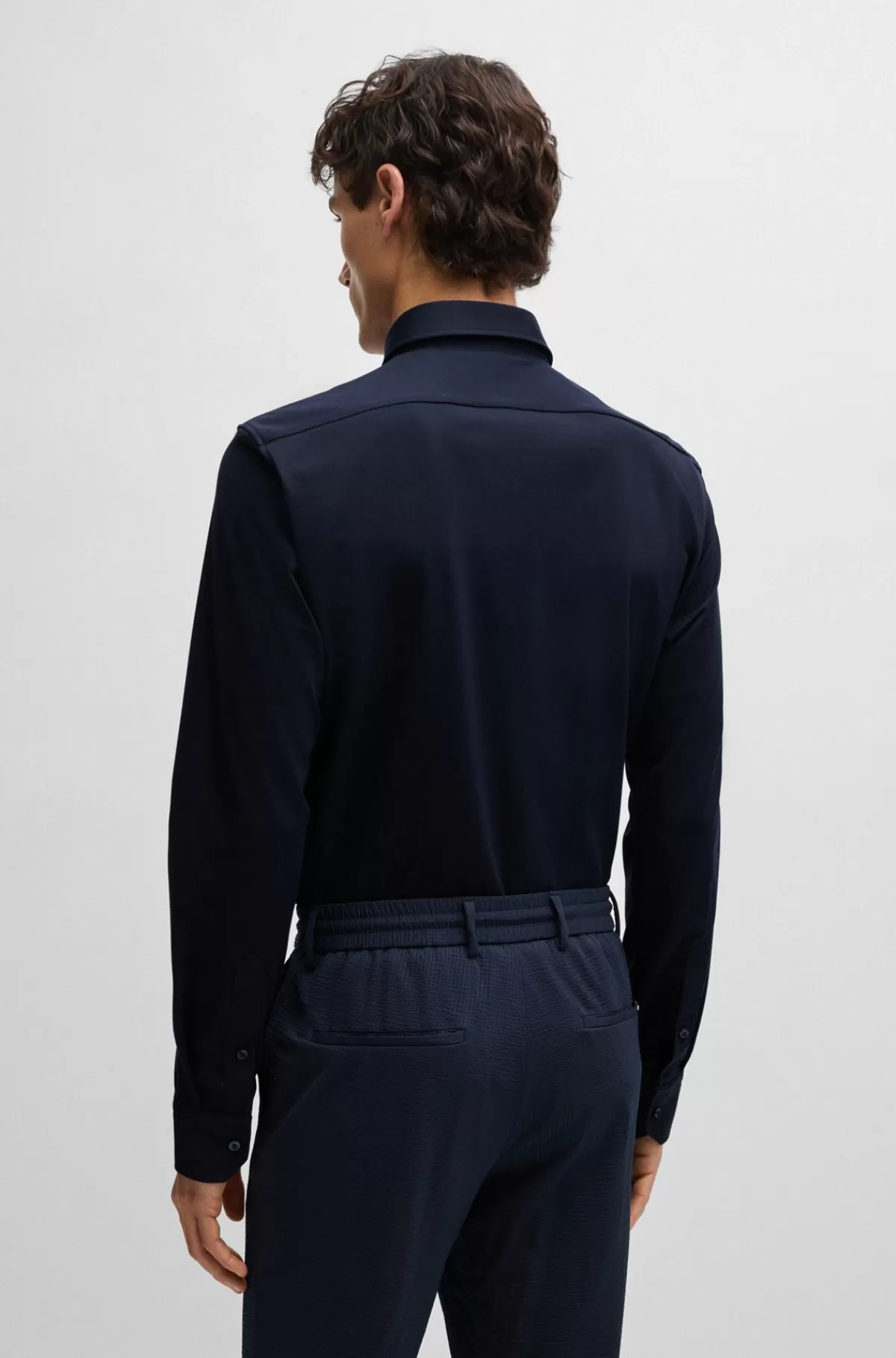 HUGO BOSS Skjorte Med Regular Fit I Jersey Af Bomuldsblanding Med Struktur Mørkeblå Online