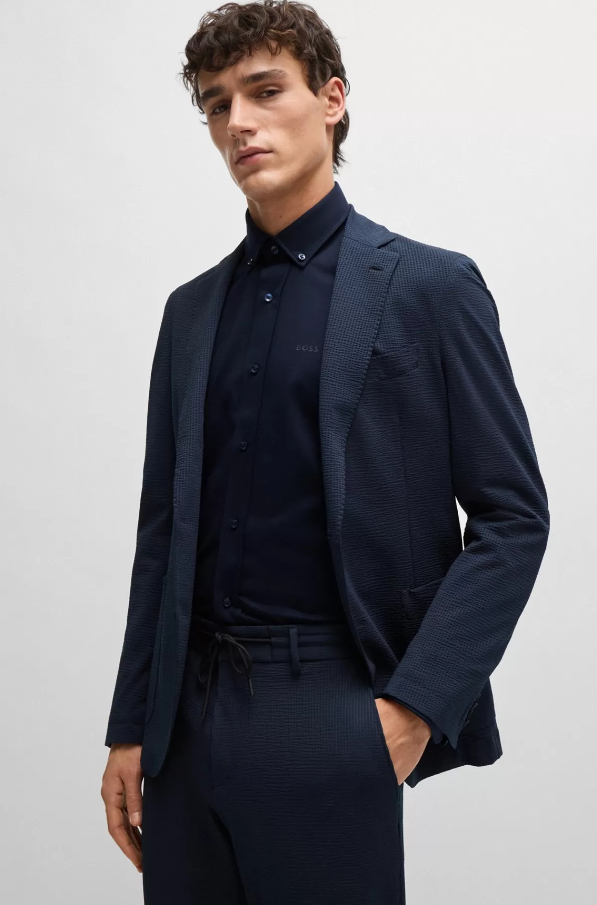 HUGO BOSS Skjorte Med Regular Fit I Jersey Af Bomuldsblanding Med Struktur Mørkeblå Online