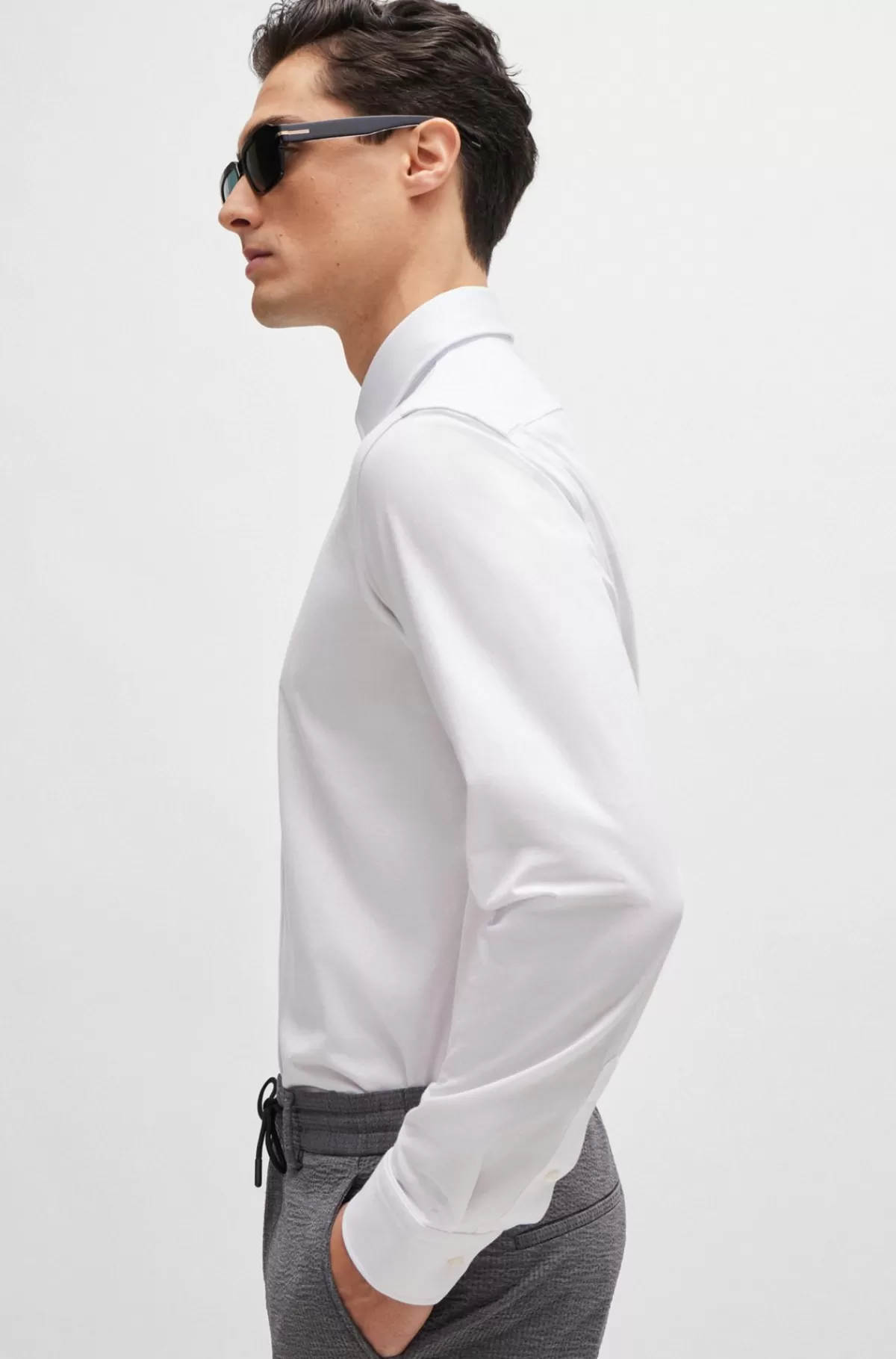 HUGO BOSS Skjorte Med Regular Fit I Jersey Af Bomuldsblanding Med Struktur Hvid Outlet