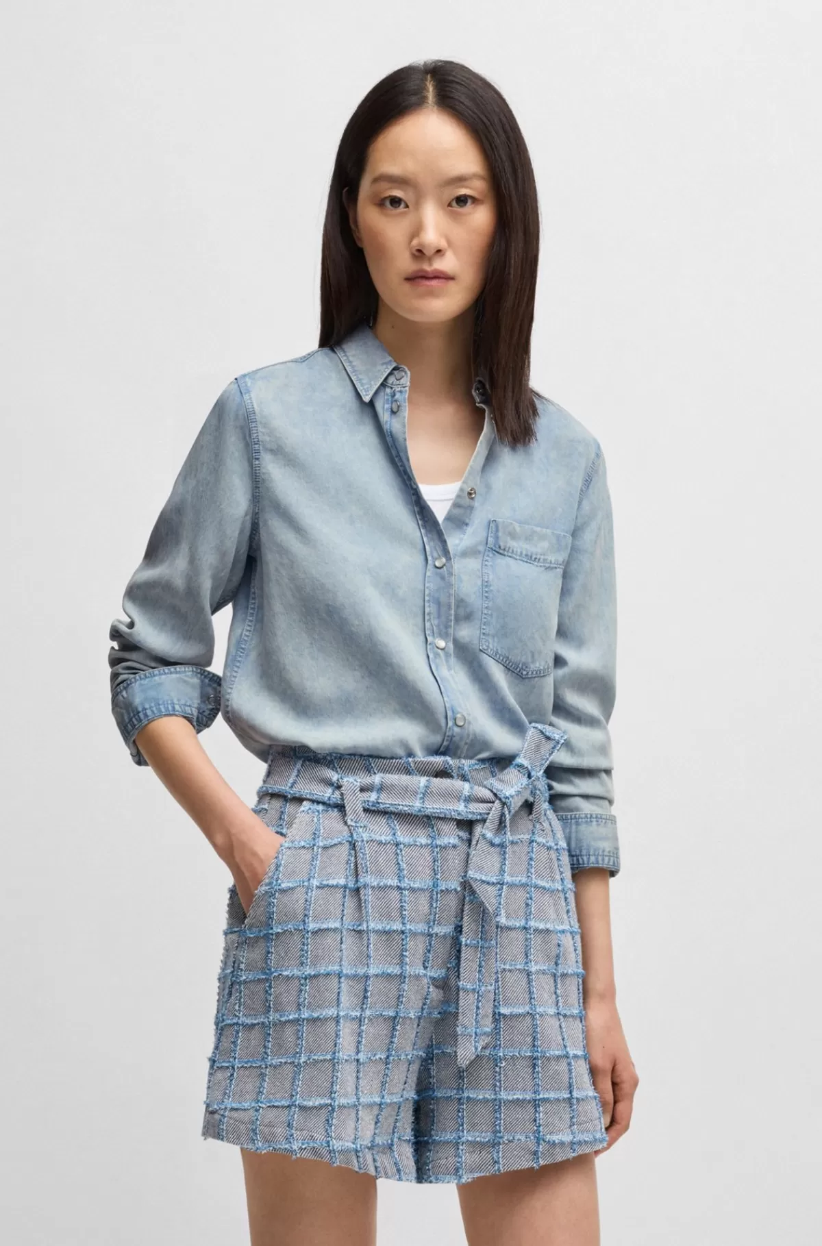 HUGO BOSS Skjorte Med Regular Fit I Stof Med Denimlook Lyseblå Shop