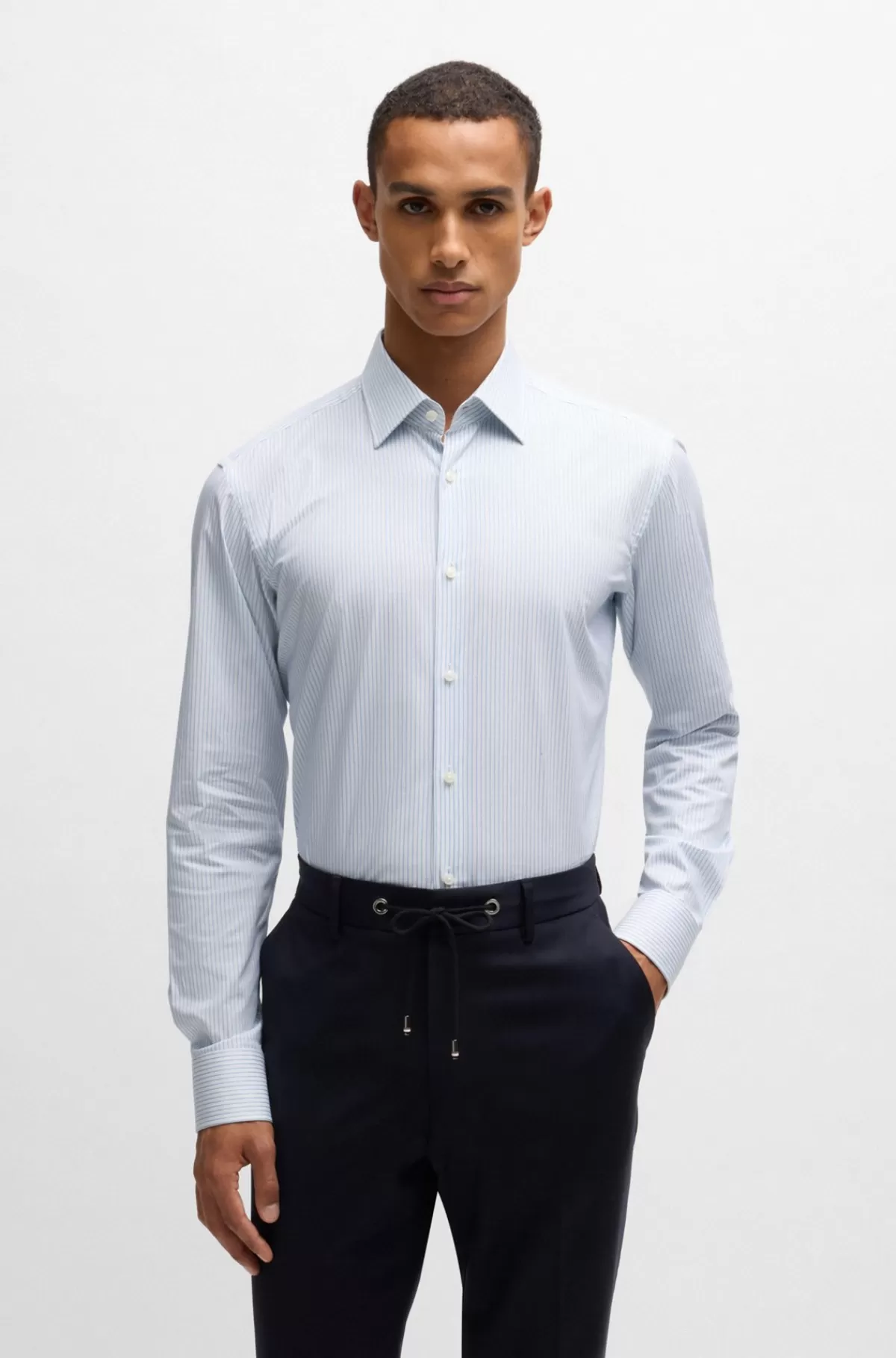 HUGO BOSS Skjorte Med Regular Fit I Strygelet Bomuld Med Stræk Lyseblå Store