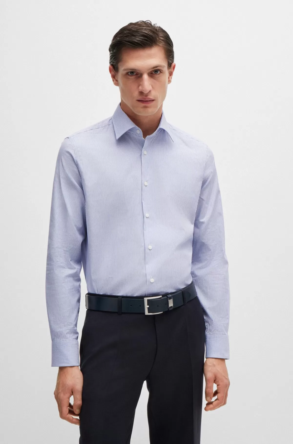 HUGO BOSS Skjorte Med Regular Fit I Strygelet Bomuld Med Stræk Og Striber Blå Discount