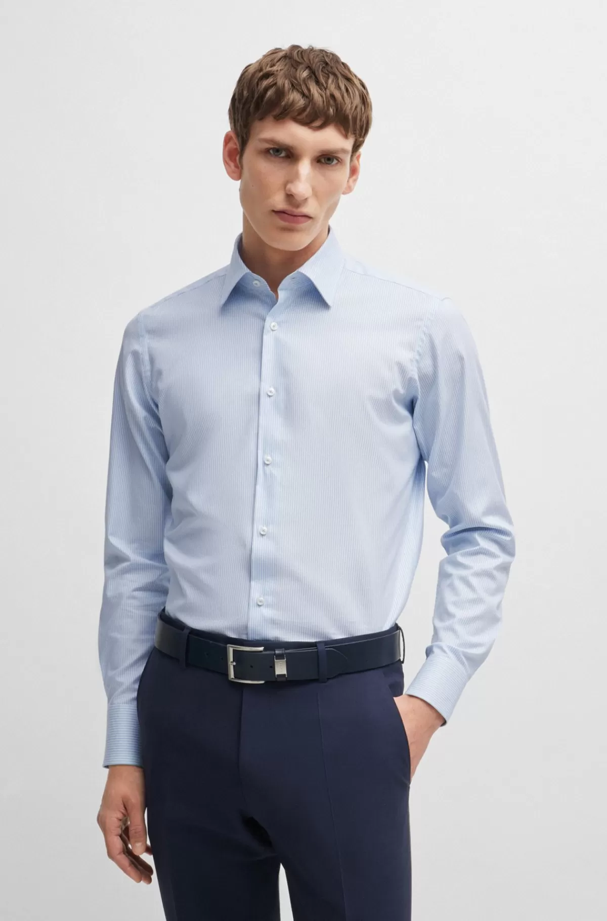 HUGO BOSS Skjorte Med Regular Fit I Strygelet Bomuld Med Stræk Og Striber Lyseblå Clearance