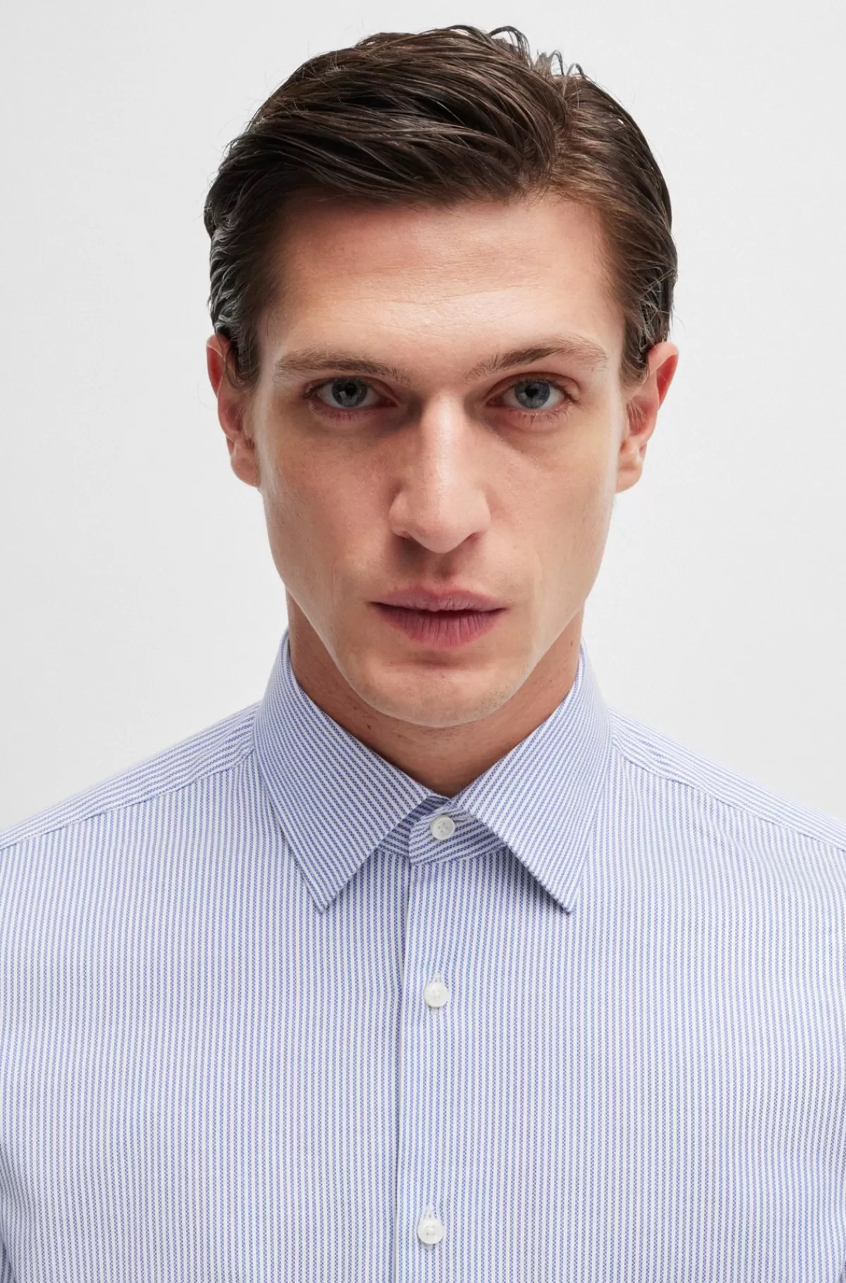 HUGO BOSS Skjorte Med Regular Fit I Strygelet Bomuld Med Stræk Og Striber Blå Discount