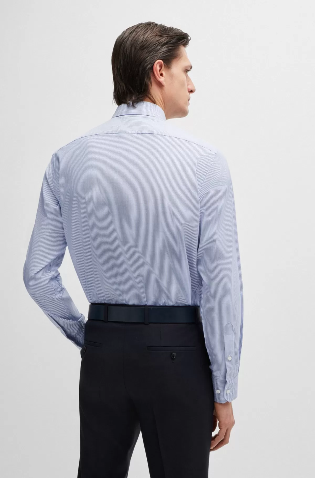 HUGO BOSS Skjorte Med Regular Fit I Strygelet Bomuld Med Stræk Og Striber Blå Discount