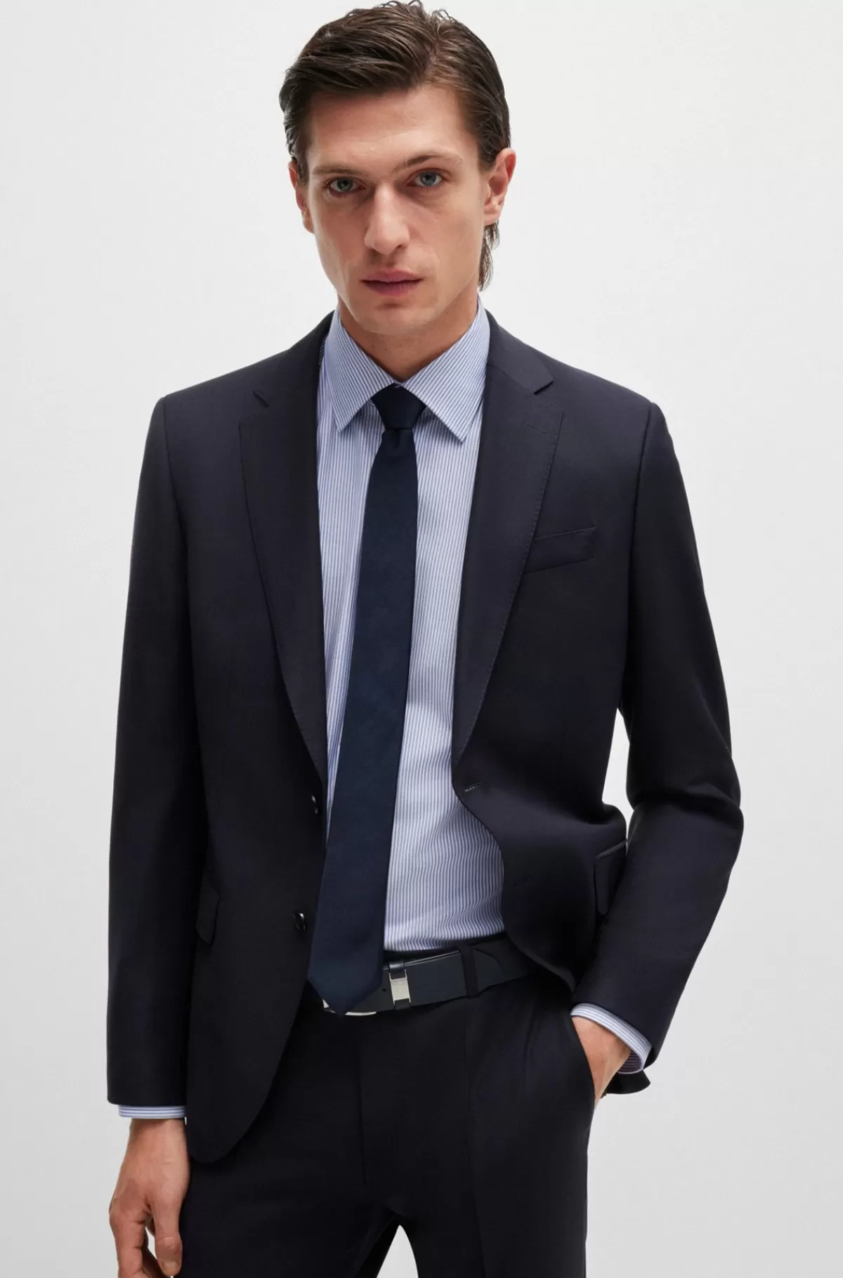 HUGO BOSS Skjorte Med Regular Fit I Strygelet Bomuld Med Stræk Og Striber Blå Discount