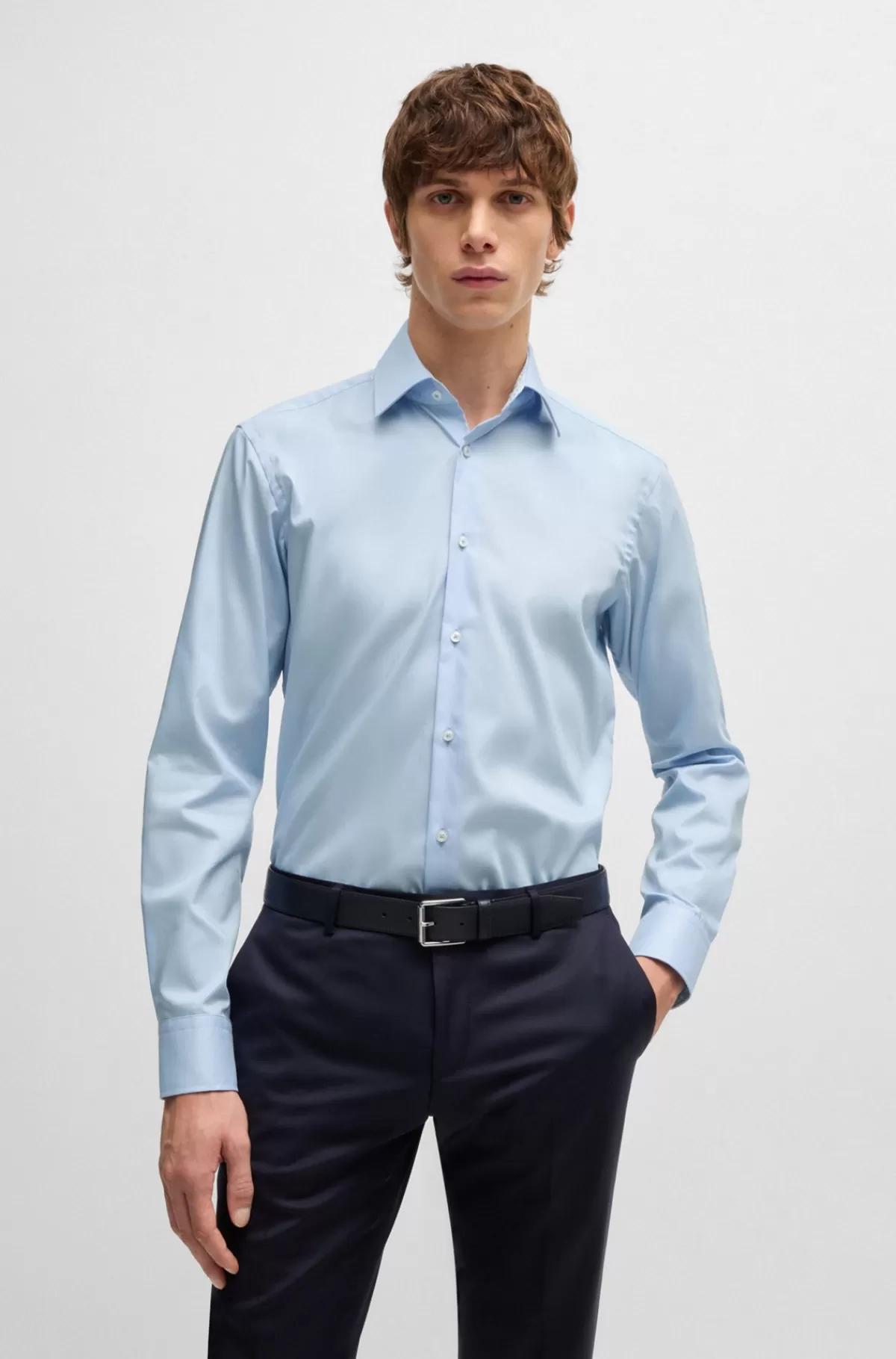 HUGO BOSS Skjorte Med Regular Fit I Strygelet Bomuldspoplin Lyseblå Clearance