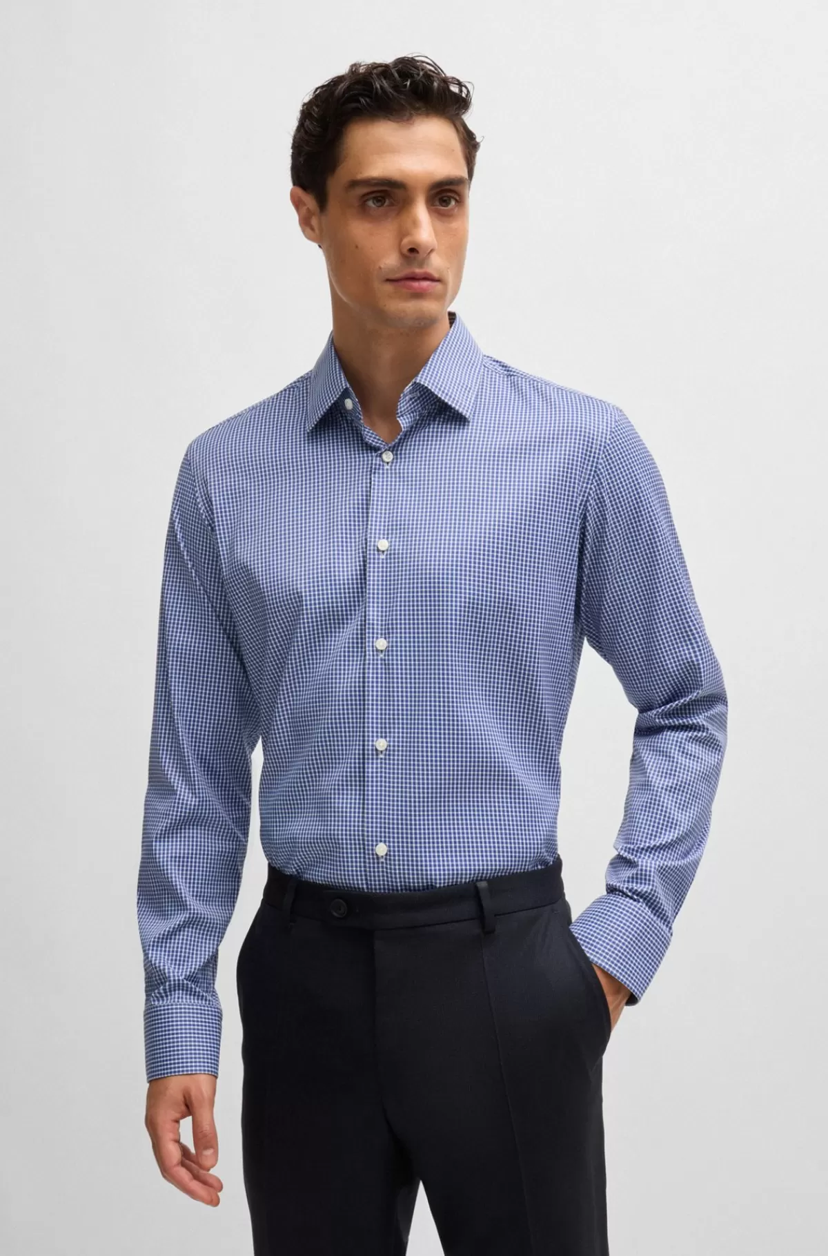 HUGO BOSS Skjorte Med Regular Fit I Ternet Smudsafvisende Twill Blå Flash Sale