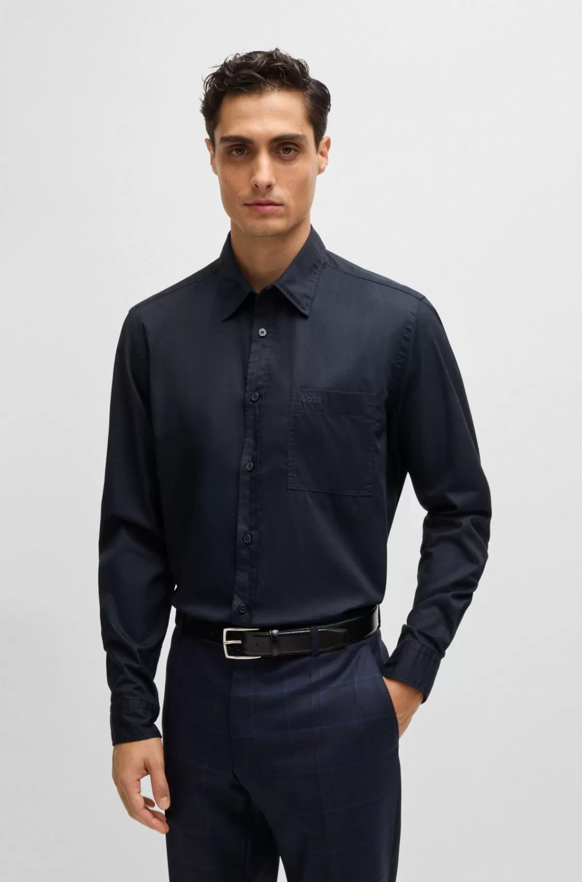 HUGO BOSS Skjorte Med Regular Fit I Vasket Bomuldstwill Mørkeblå Best