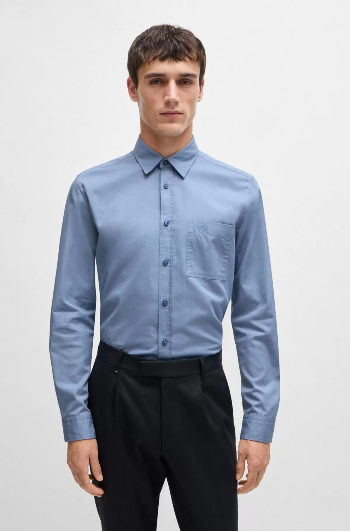 HUGO BOSS Skjorte Med Regular Fit I Vasket Bomuldstwill Lyseblå Clearance