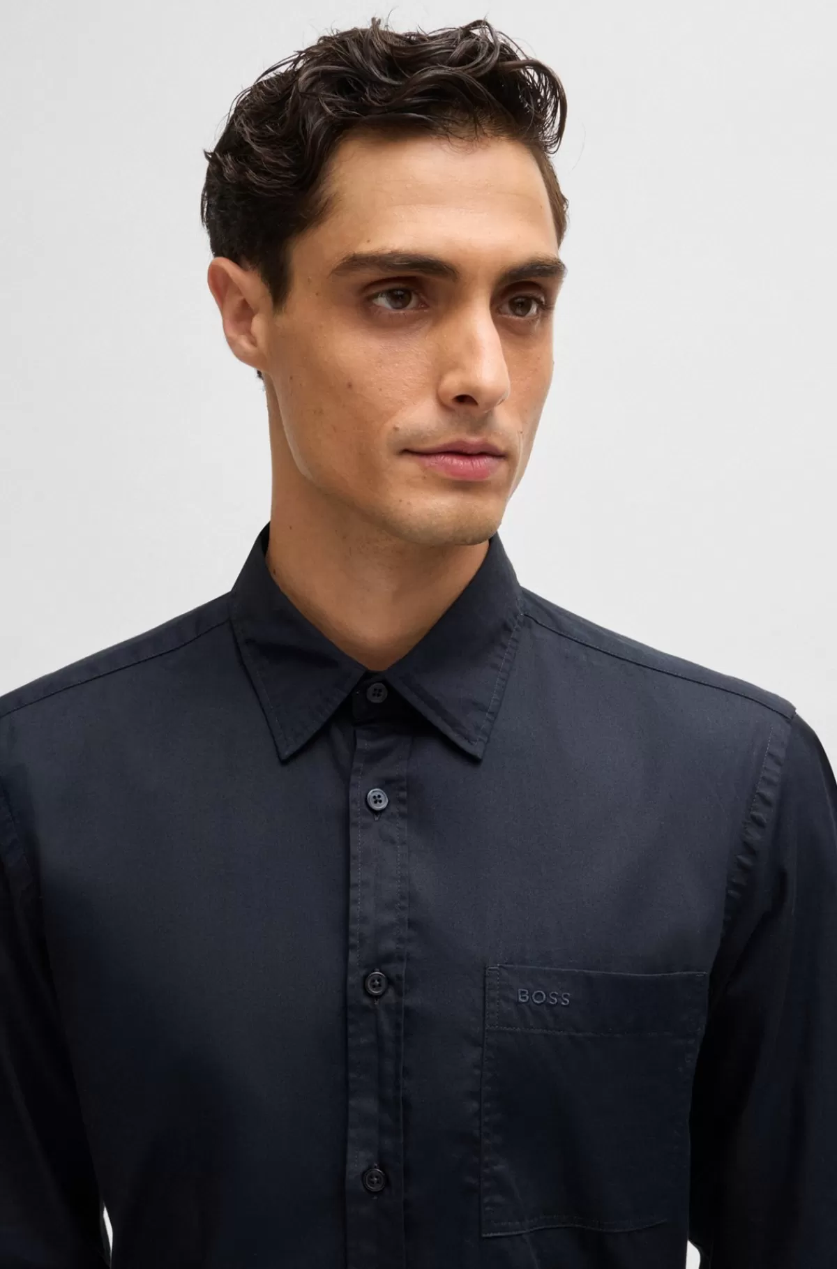 HUGO BOSS Skjorte Med Regular Fit I Vasket Bomuldstwill Mørkeblå Best